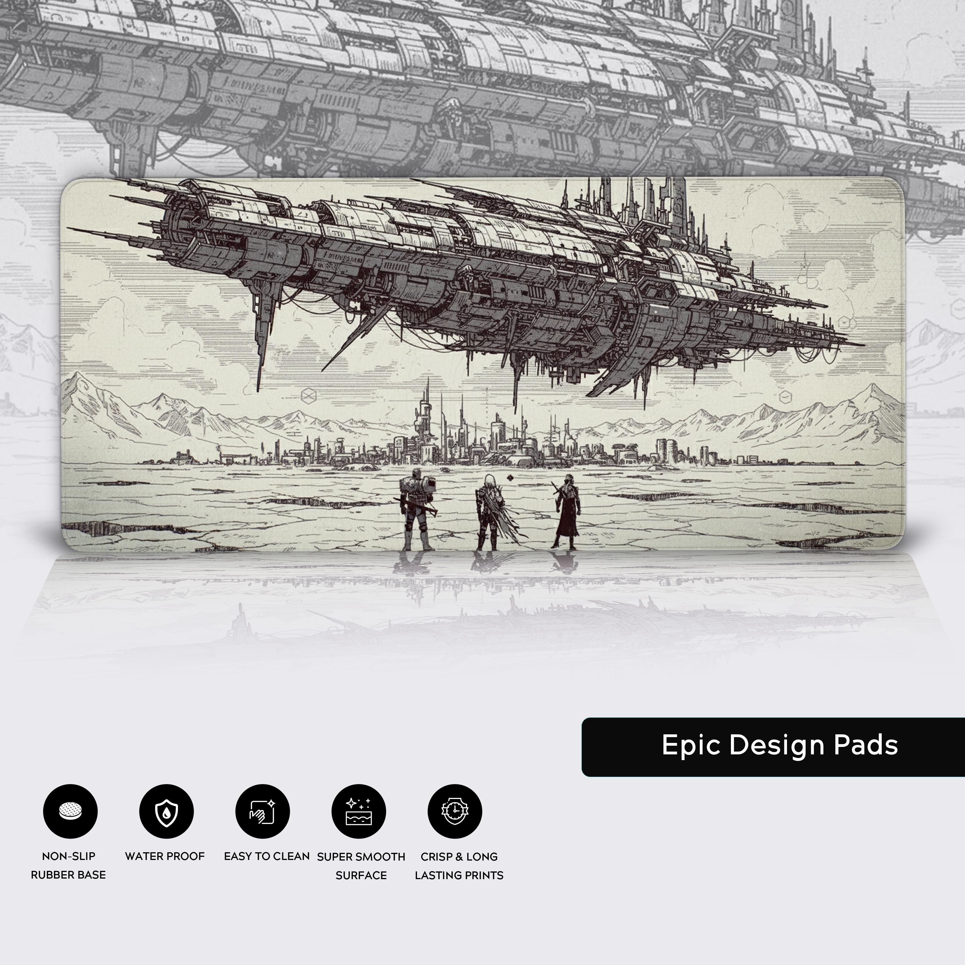 Guardian’s Horizon gaming mouse pad with Destiny 2 spaceship design – close-up view highlighting the anti-fray stitched edges and non-slip base.