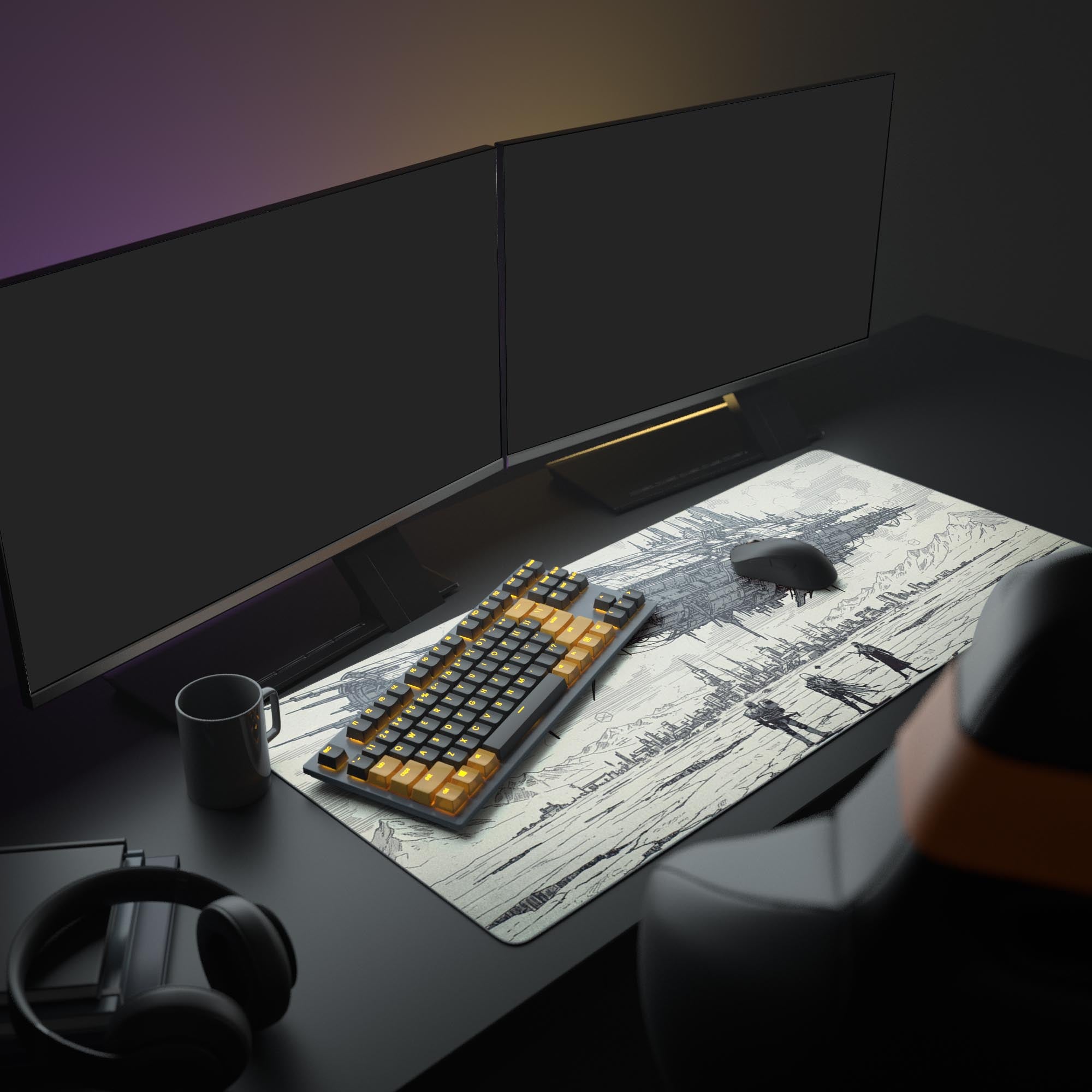 Large Guardian’s Horizon gaming desk mat with Destiny 2 art – shown in a gaming setup with dual monitors and headphones.