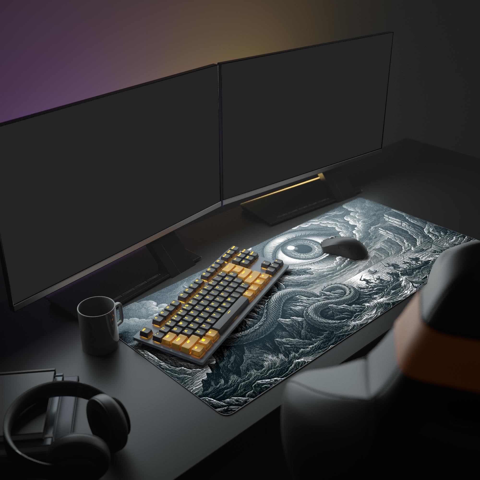 A complete PC setup showcasing the Abyssal Gaze gaming desk mat, providing ample space for a gaming keyboard, mouse, and other peripherals under dual monitors. - Epic Design Pads & Mousepads