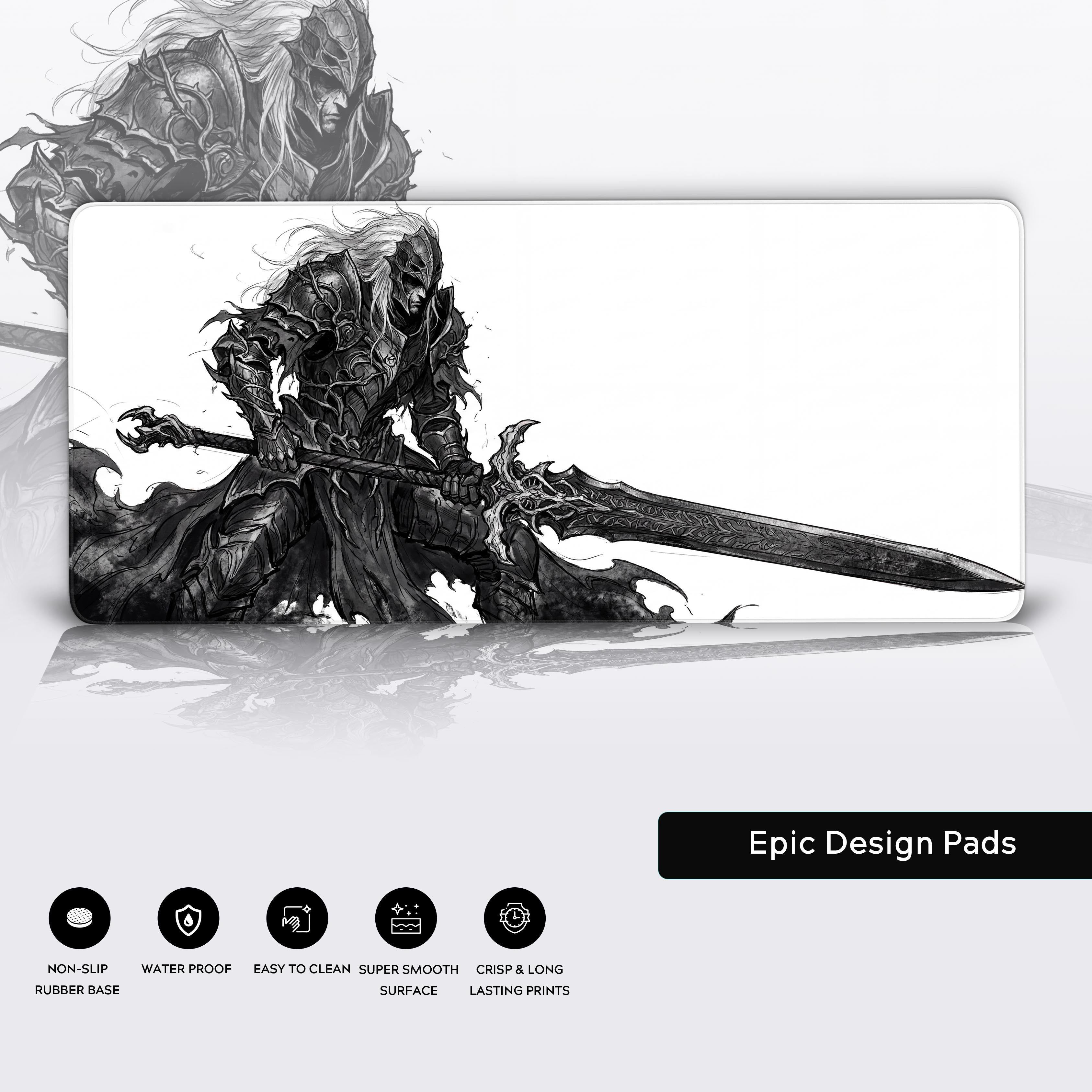 Epic grimdark fantasy gaming desk mat rolling out flat on a desk surface