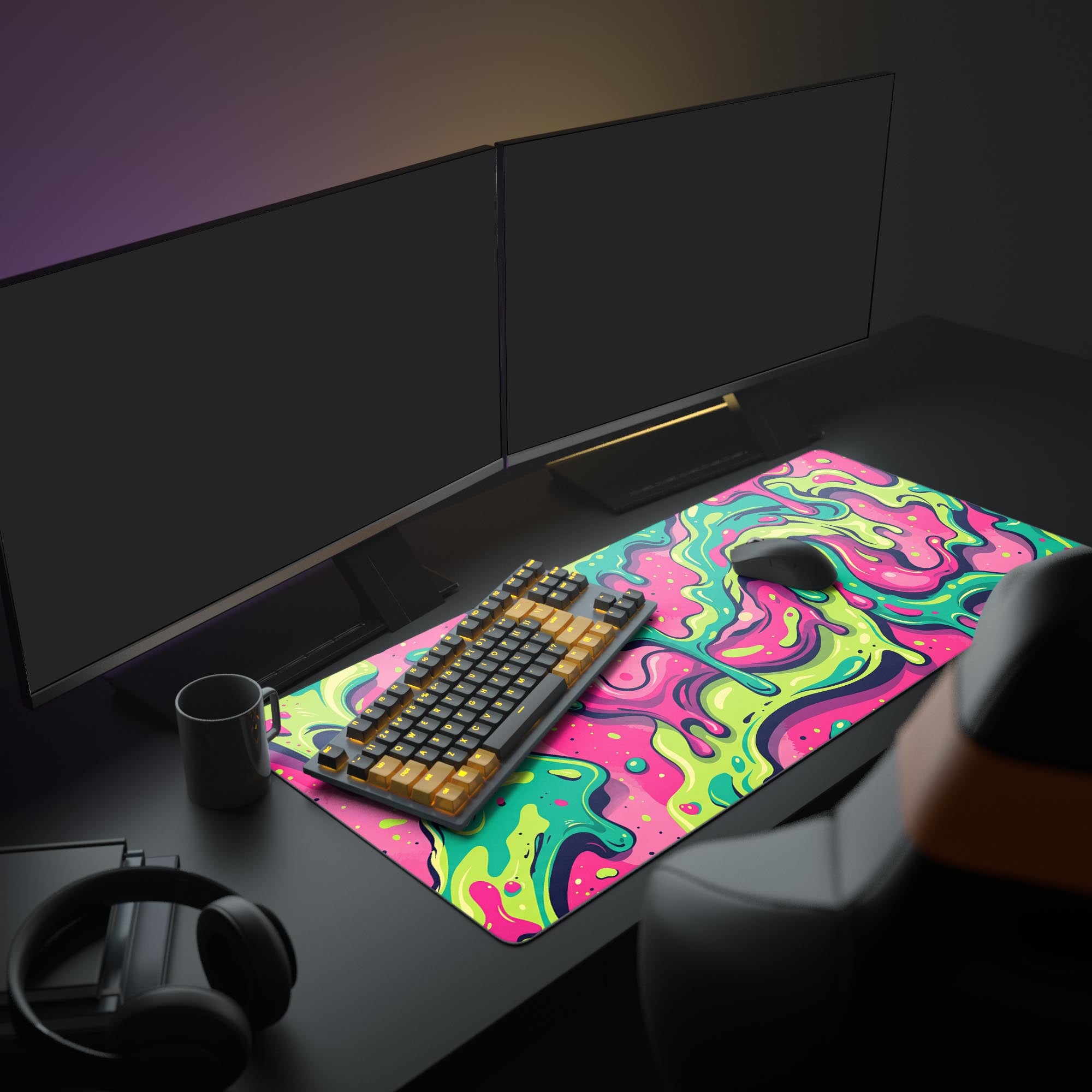 A full gaming PC setup showcasing the colorful Acid Drip mouse pad, which unifies the aesthetic of the monitors, keyboard, and mouse. - Epic Design Pads & Mousepads