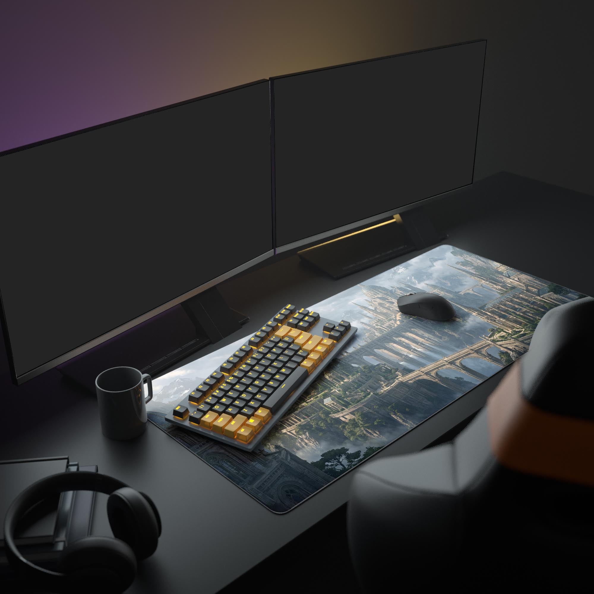 A full gaming setup featuring the Aethelgard Ascent mouse pad. The epic fantasy castle design complements the glowing keyboard, mouse, and dual monitors on a desk. - Epic Design Pads & Mousepads