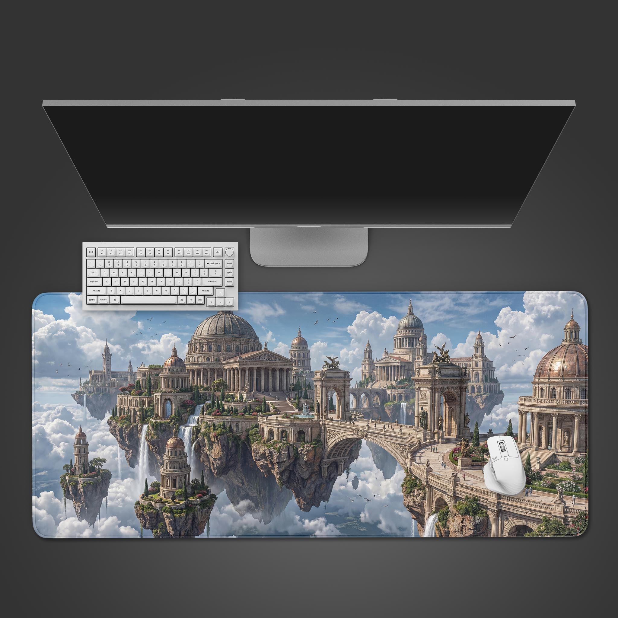 The Aetherial Empire Gaming Desk Mat shown from above, featuring a floating fantasy city design with a white keyboard and mouse on top. - Epic Design Pads & Mousepads