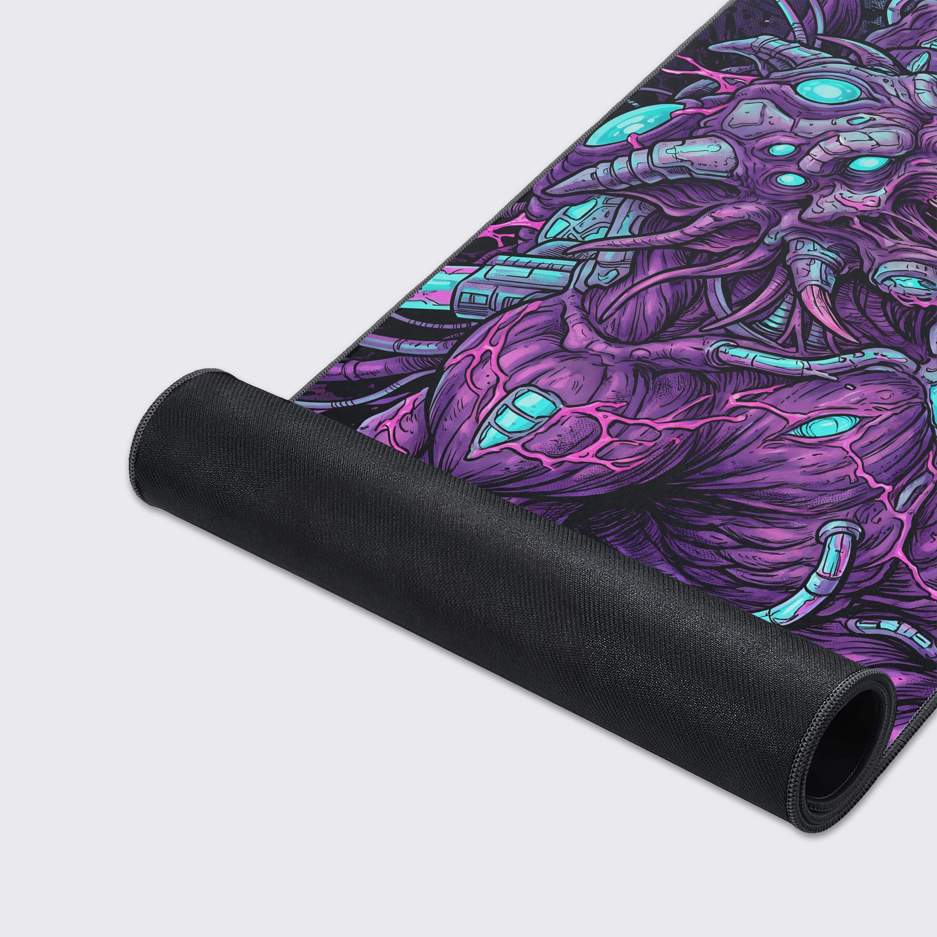 Features of the sci-fi gaming mouse pad highlighted, including non-slip rubber base, water-proof surface, and crisp, long-lasting prints.