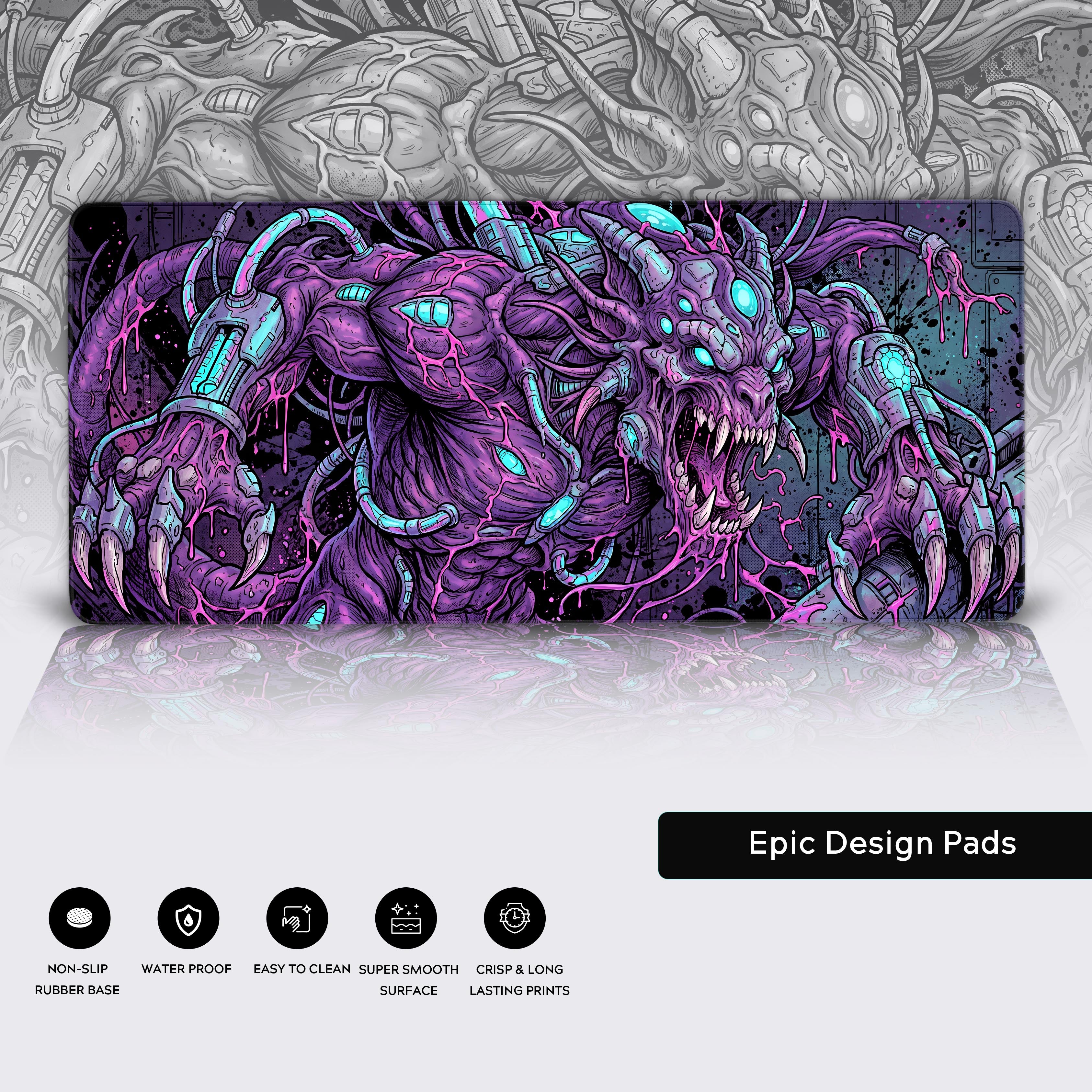 A thrilling neon cyberpunk monster desk mat elevating a dark gamer setup with its chaotic, high-energy artwork.