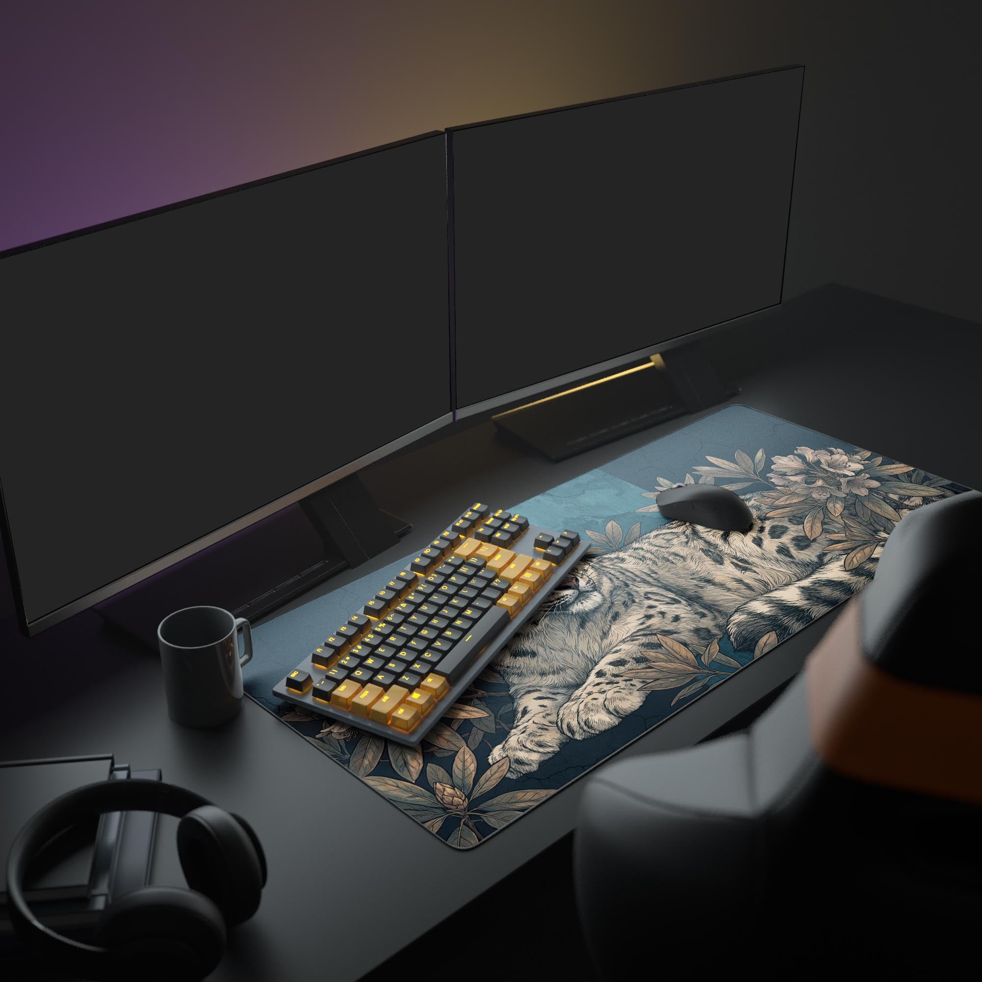 A sophisticated desk setup featuring the Alpine Ghost mouse pad with its snow leopard design, complemented by a large monitor and modern peripherals. - Epic Design Pads & Mousepads
