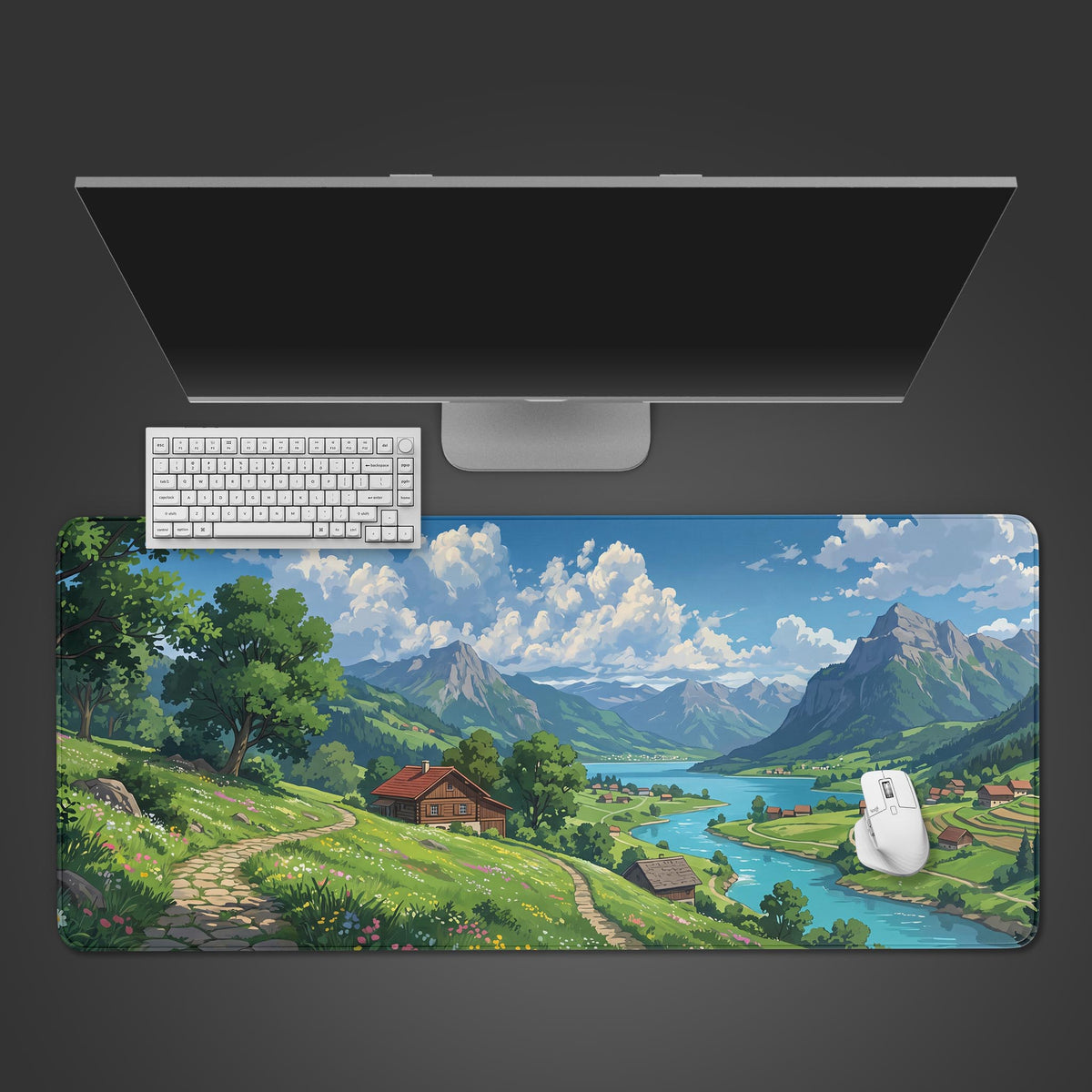 A wide desk mat displaying a bright anime-inspired alpine landscape with rolling green hills, a winding blue river, rustic wooden cabins, and distant mountains under a cloudy blue sky.