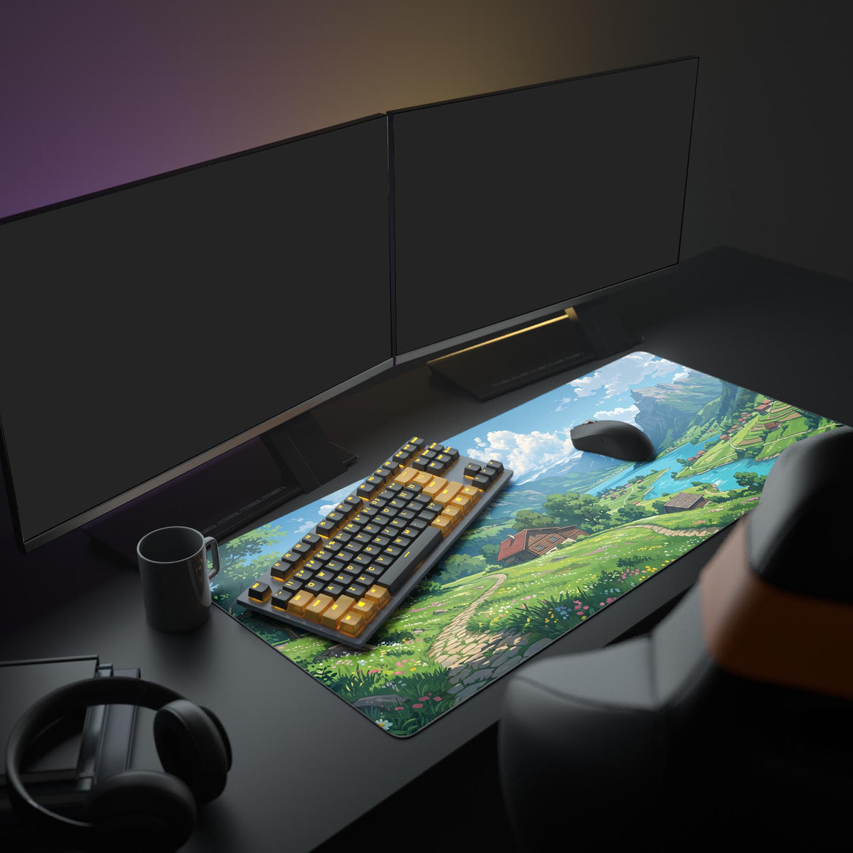 Close up view of the desk mat artwork showing a rustic wooden cabin nestled on a vibrant green hillside with a dirt path winding through wildflowers.