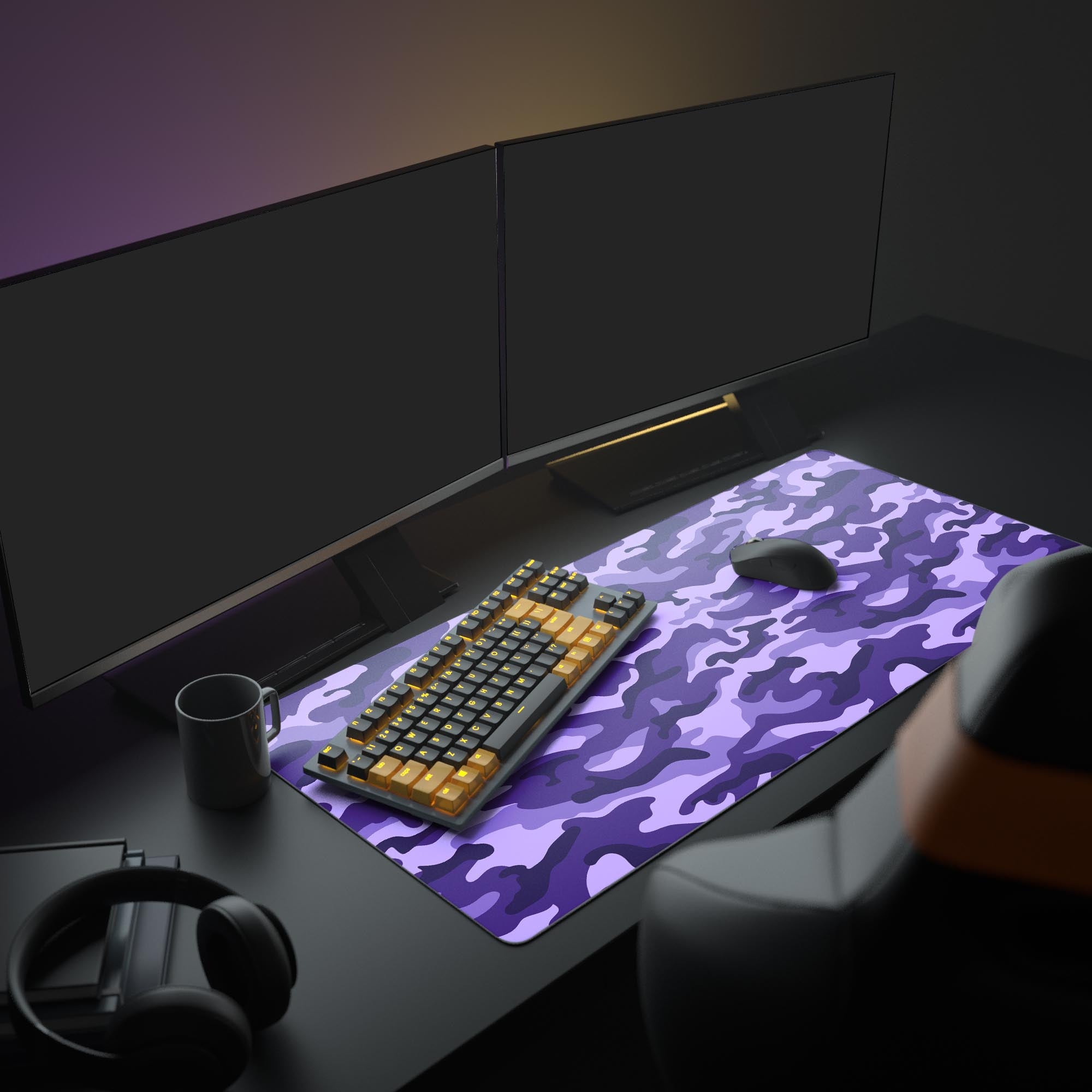 Large Amethyst Camo gaming mouse pad featured in a full desk setup with dual monitors, headphones, and a mechanical keyboard. - Epic Design Pads