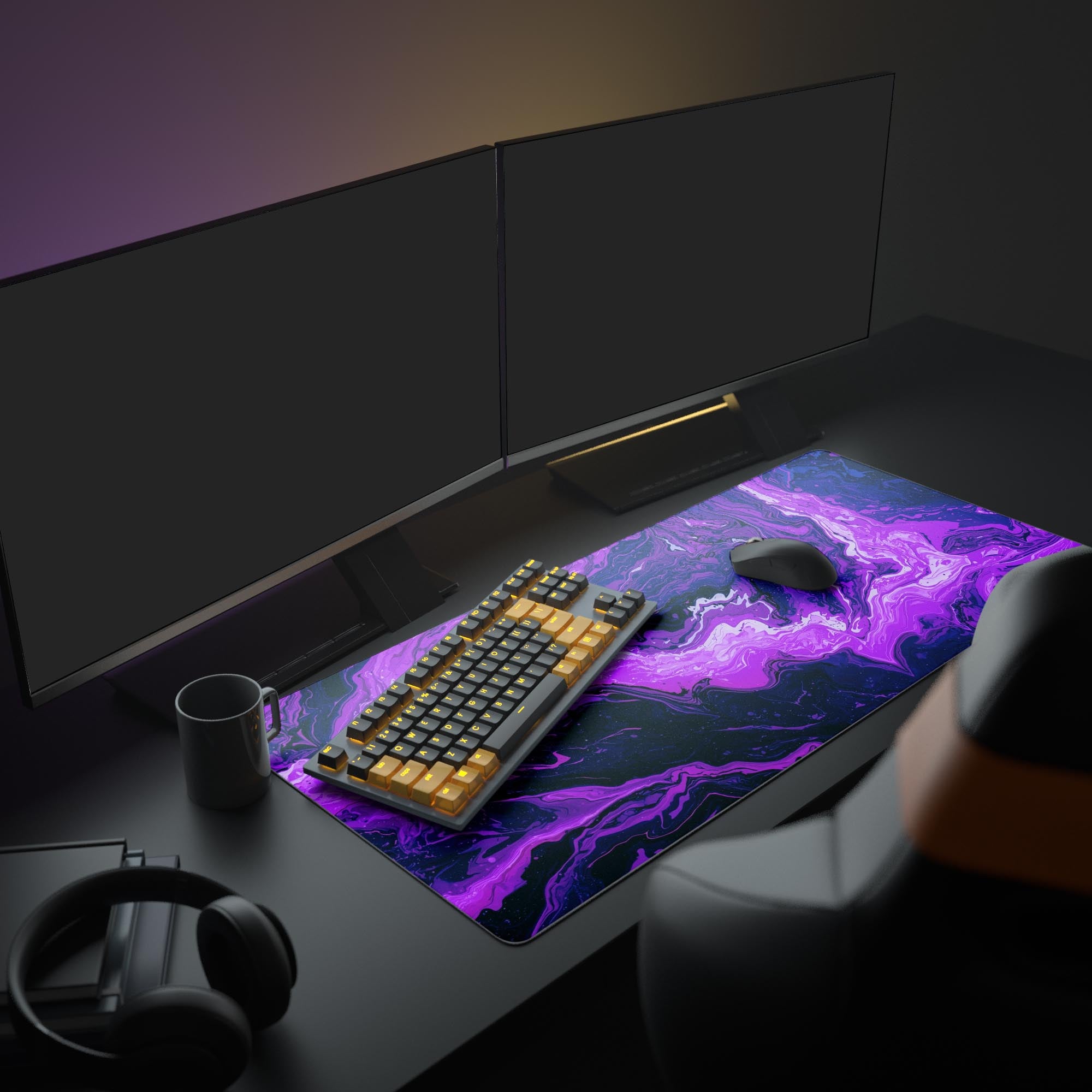 Large Amethyst Liquid gaming desk mat in a full desk setup with dual monitors, a mechanical keyboard, and headphones. - Epic Design Pads