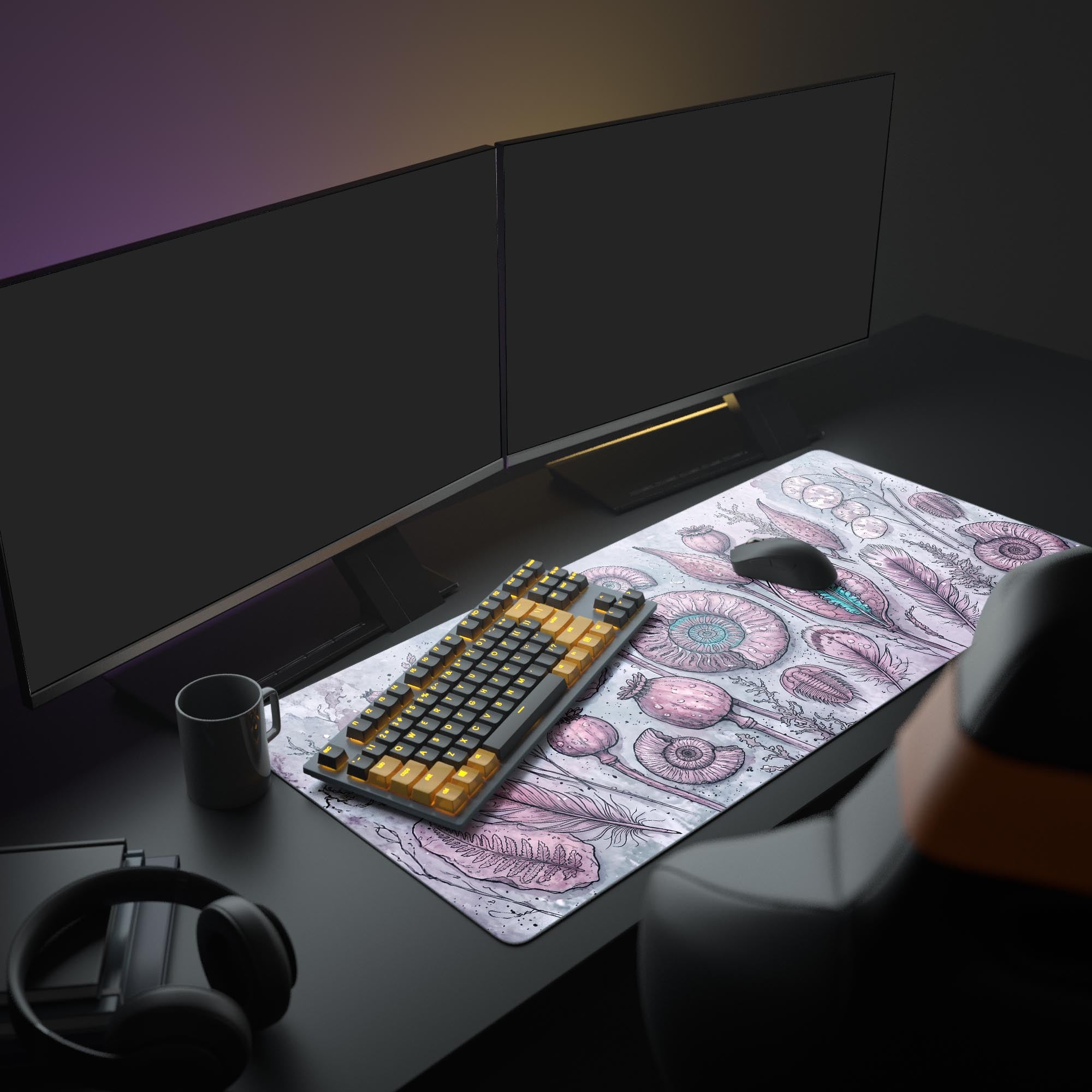Close-up of intricate paleontology and floral illustrations on a gaming mouse pad