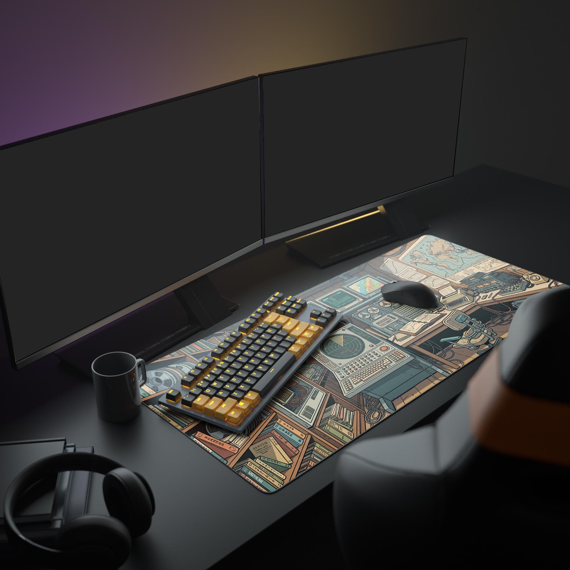 A full gaming PC setup featuring the vintage computer-themed gaming desk mat, with glowing peripherals creating an immersive workspace. - Epic Design Pads & Mousepads