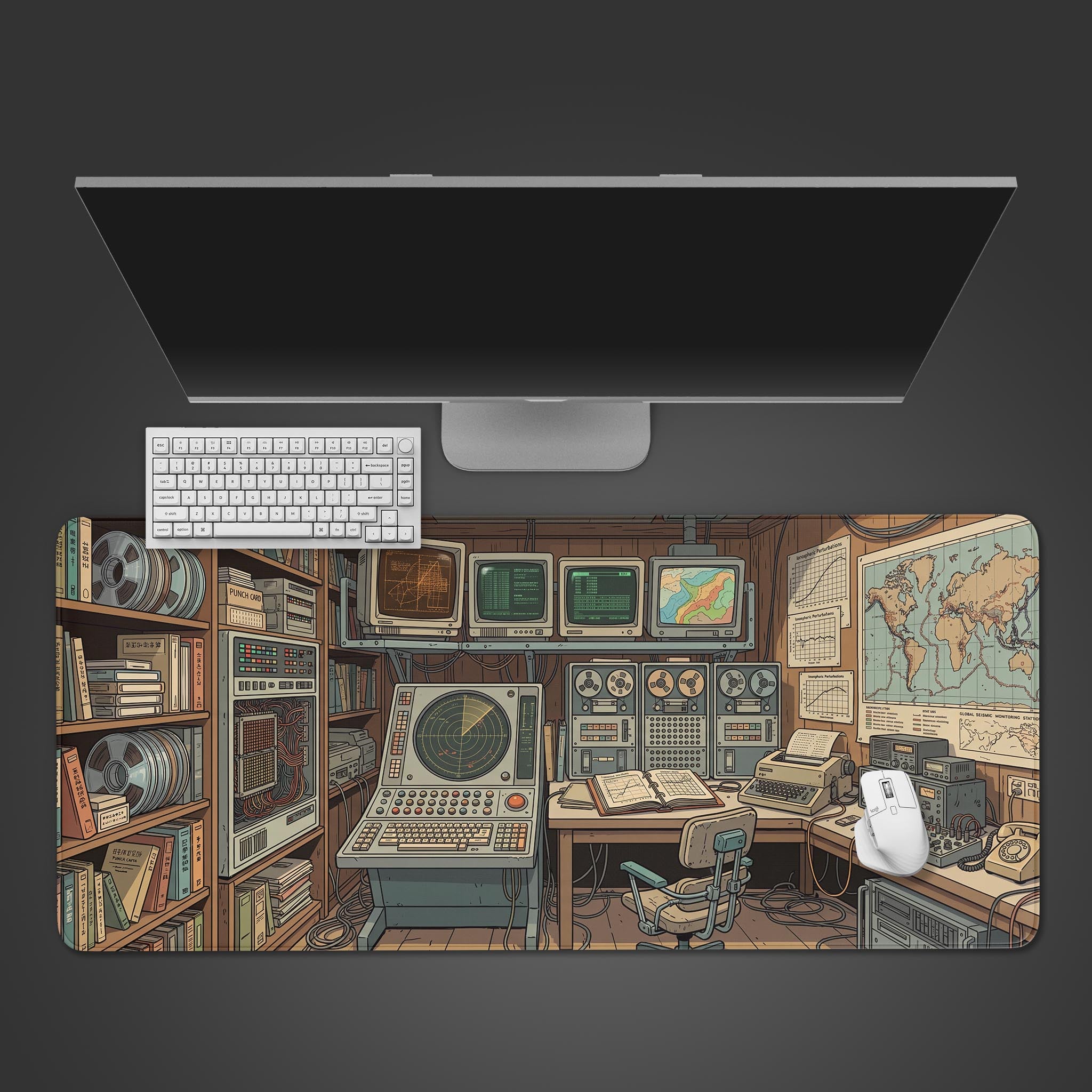 A modern white keyboard and mouse on the Analog Command Center gaming desk mat, displayed under a sleek monitor on a dark background. - Epic Design Pads & Mousepads