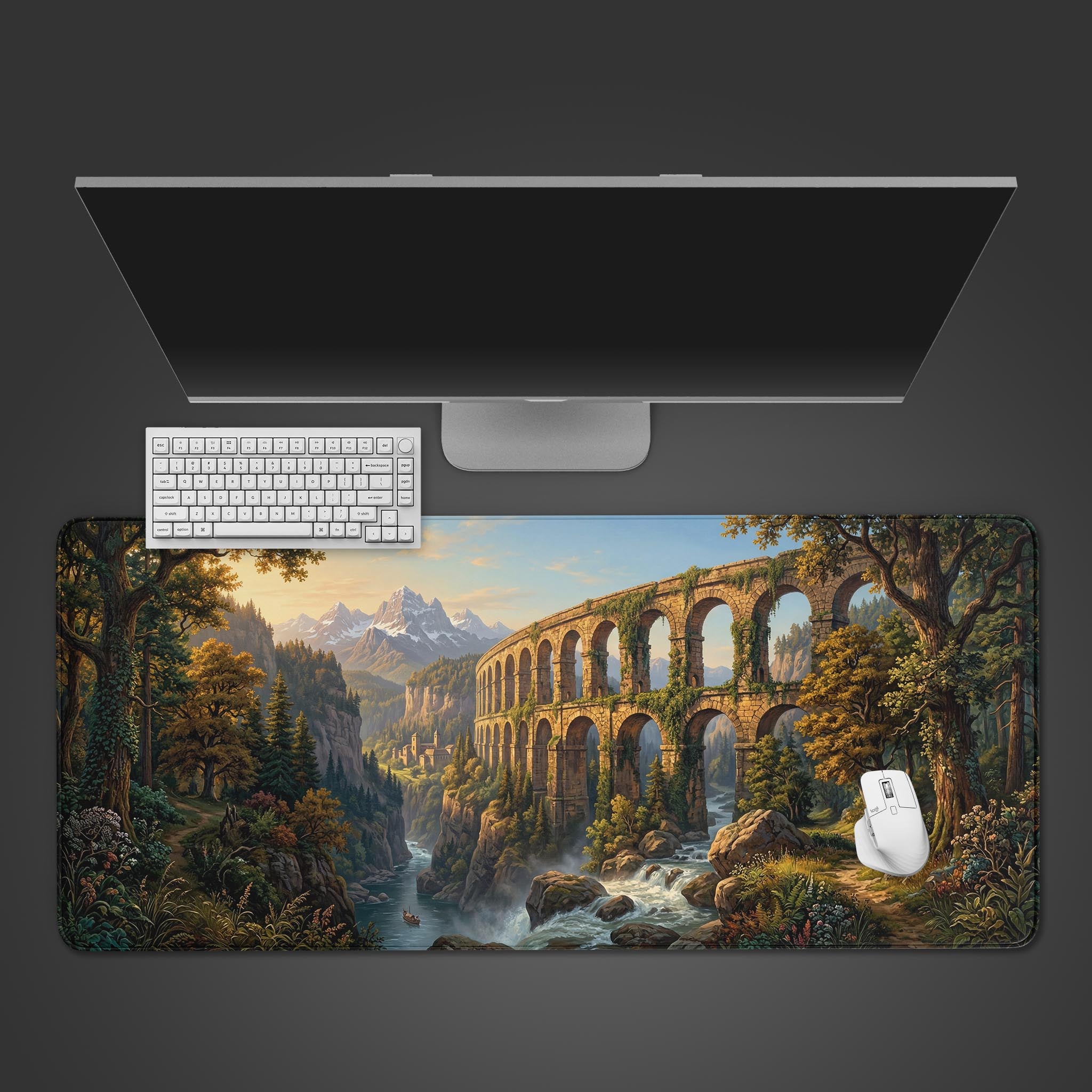 Top-down view of the Ancient Aqueduct gaming desk mat, shown with a sleek white keyboard and mouse on a dark background. - Epic Design Pads & Mousepads