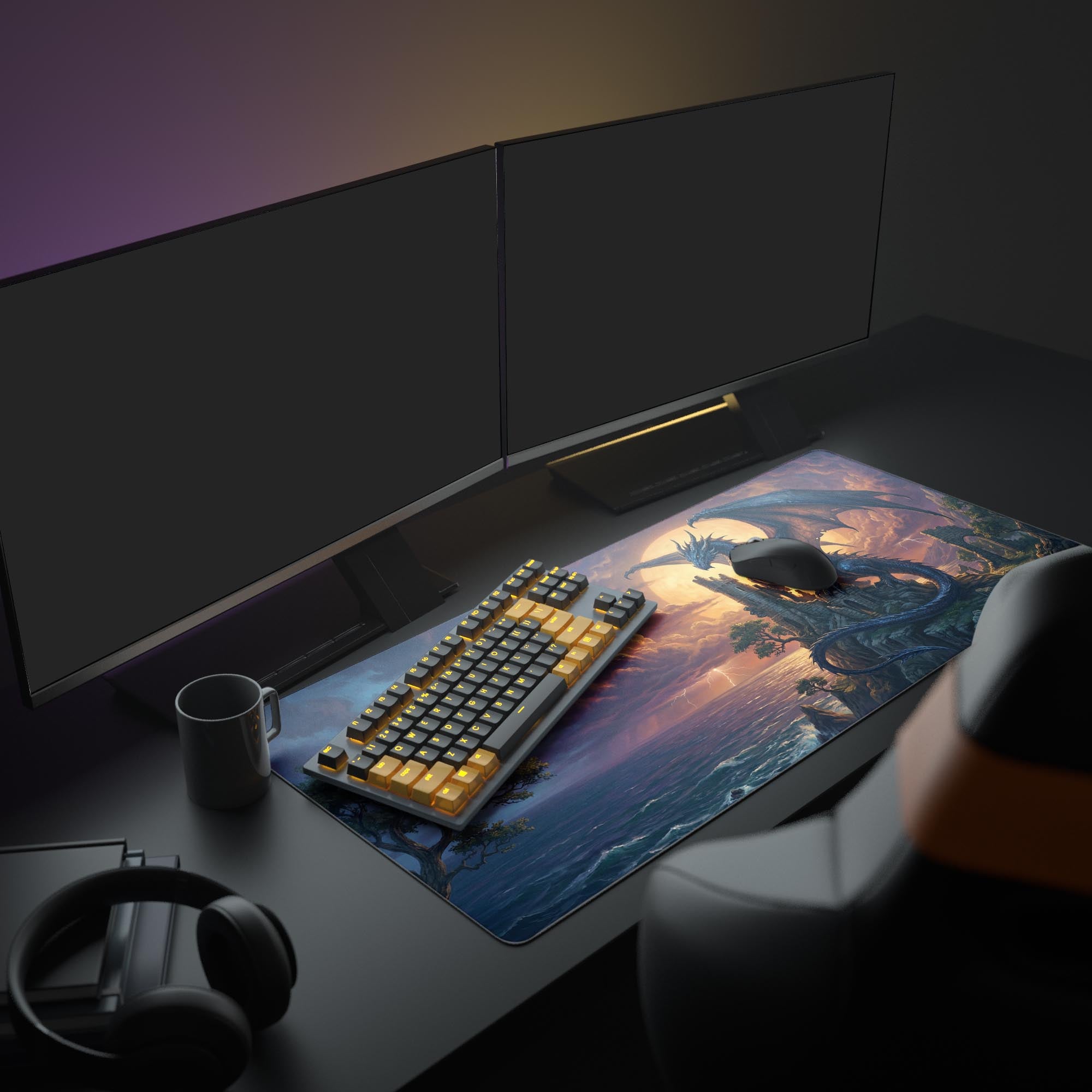A full gaming setup showing the 'Ancient Overlord' dragon mouse pad, with glowing RGB peripherals and a large monitor creating an epic fantasy theme. - Epic Design Pads & Mousepads