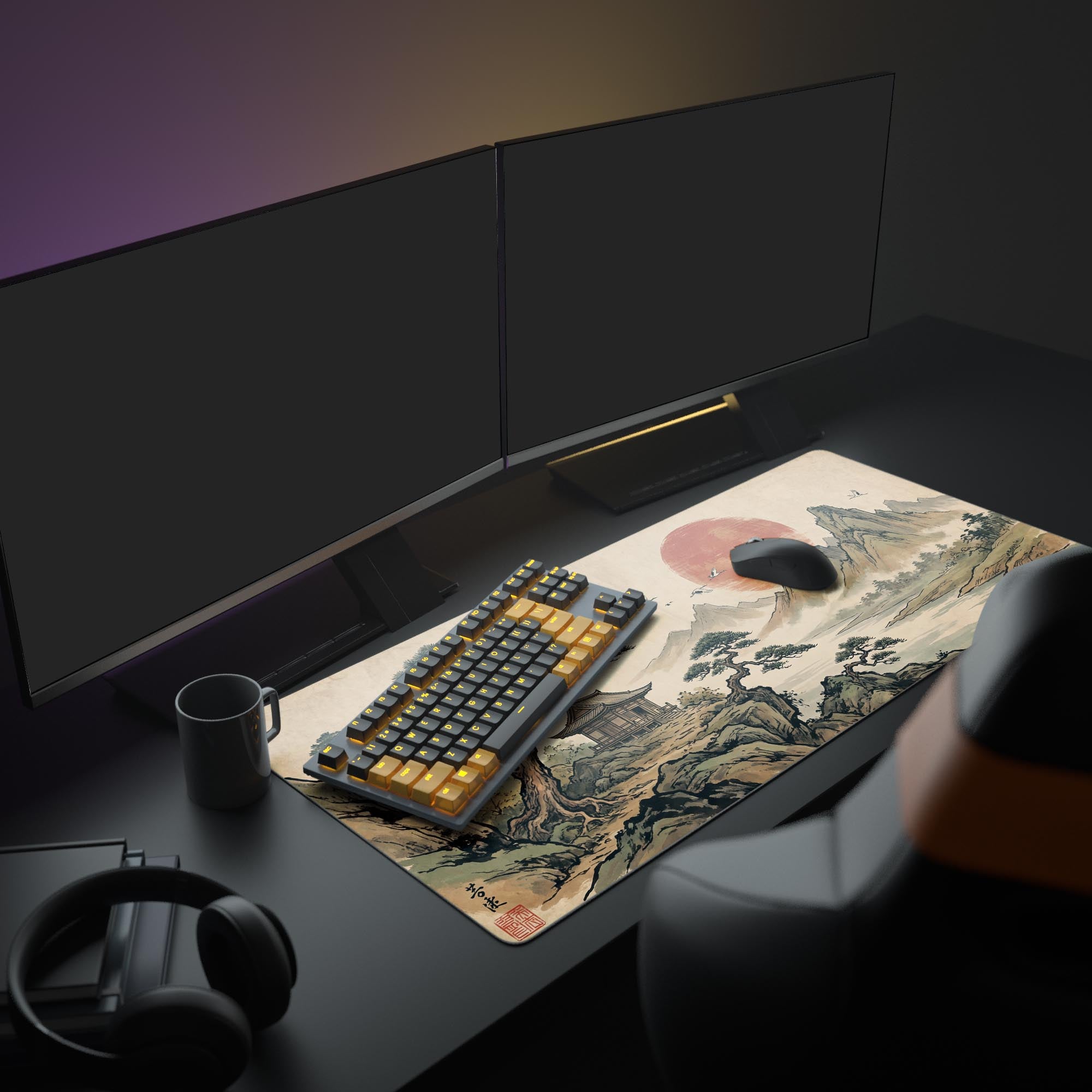 A full PC setup showing the Ancient Resilience mouse pad, which features a red sun and mountains, providing a zen aesthetic for the gaming keyboard, mouse, and monitor. - Epic Design Pads & Mousepads
