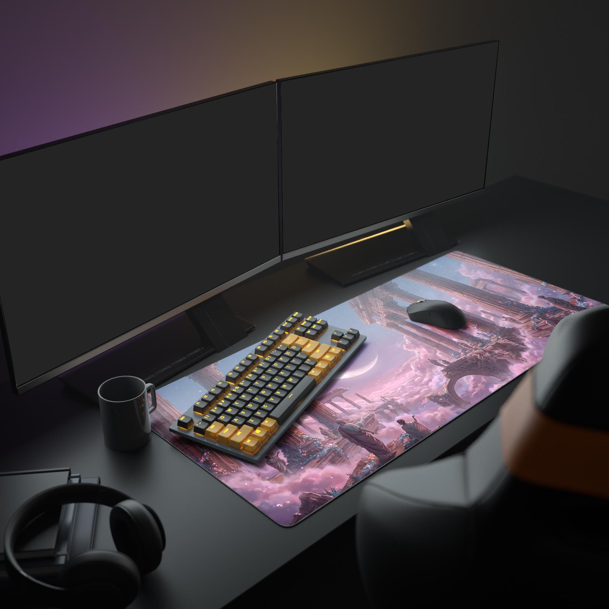 Detailed view of the Celestial Ruins gaming mouse pad showing ancient philosophers standing on ethereal floating columns.