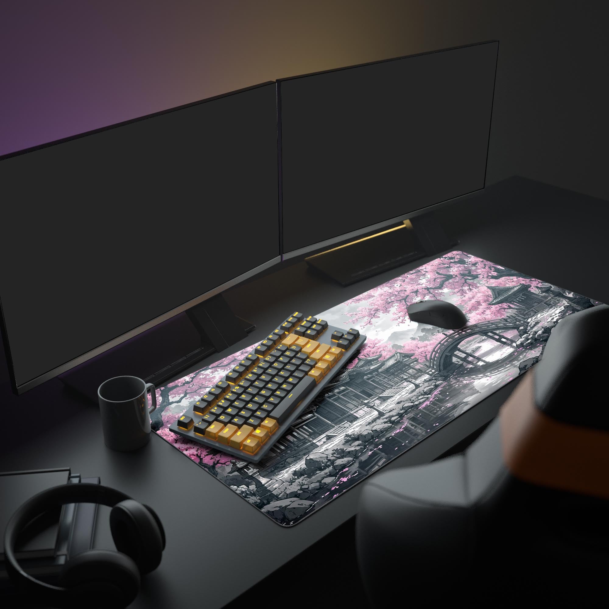 A full PC setup featuring the Japanese Art Mouse Pad, where the pink sakura design complements a modern monitor, keyboard, and mouse for an aesthetic workspace. - Epic Design Pads & Mousepads