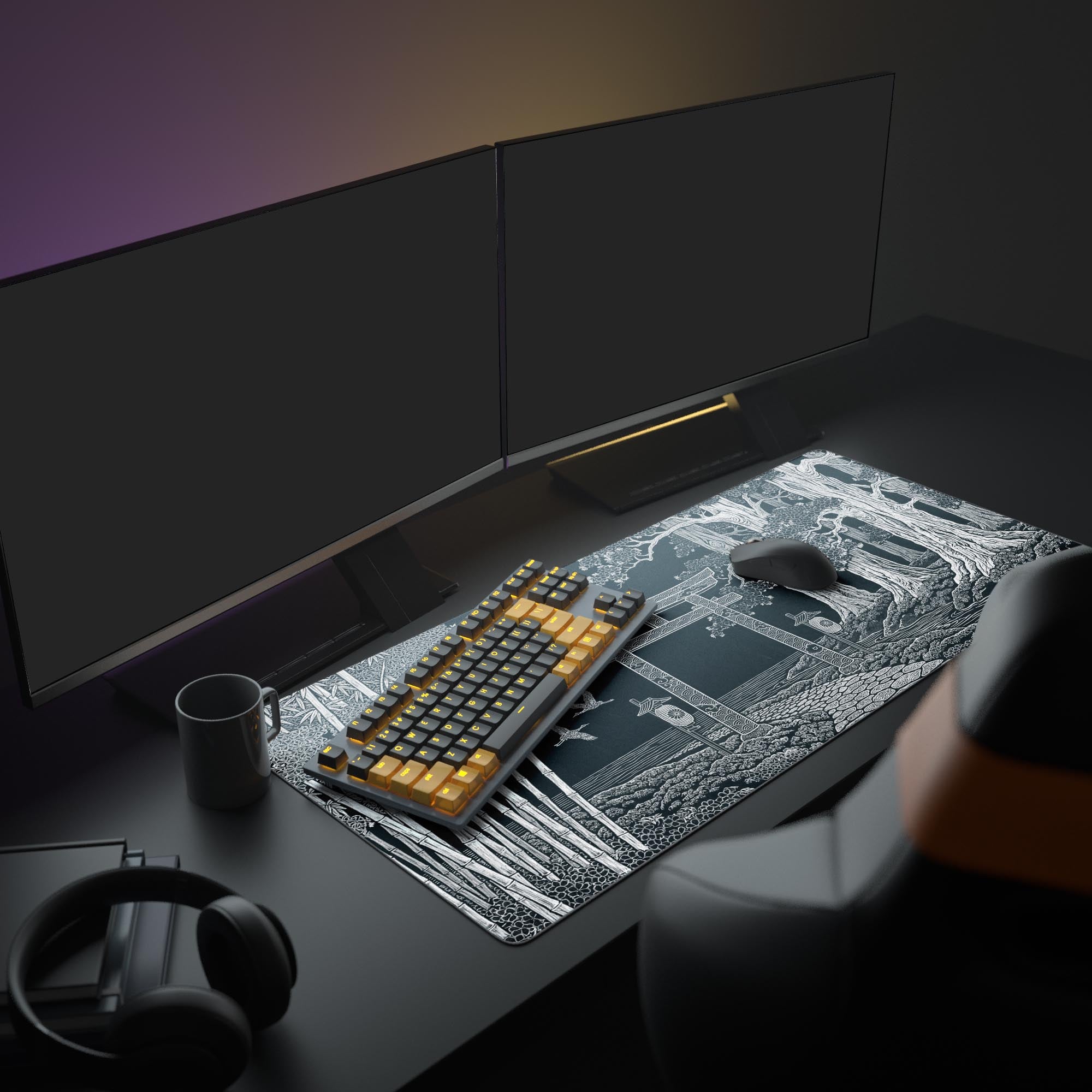 A minimalist PC setup anchored by the black and white Ancient Threshold mouse pad, showing its large size under a monitor, keyboard, and mouse, creating a focused workspace. - Epic Design Pads & Mousepads
