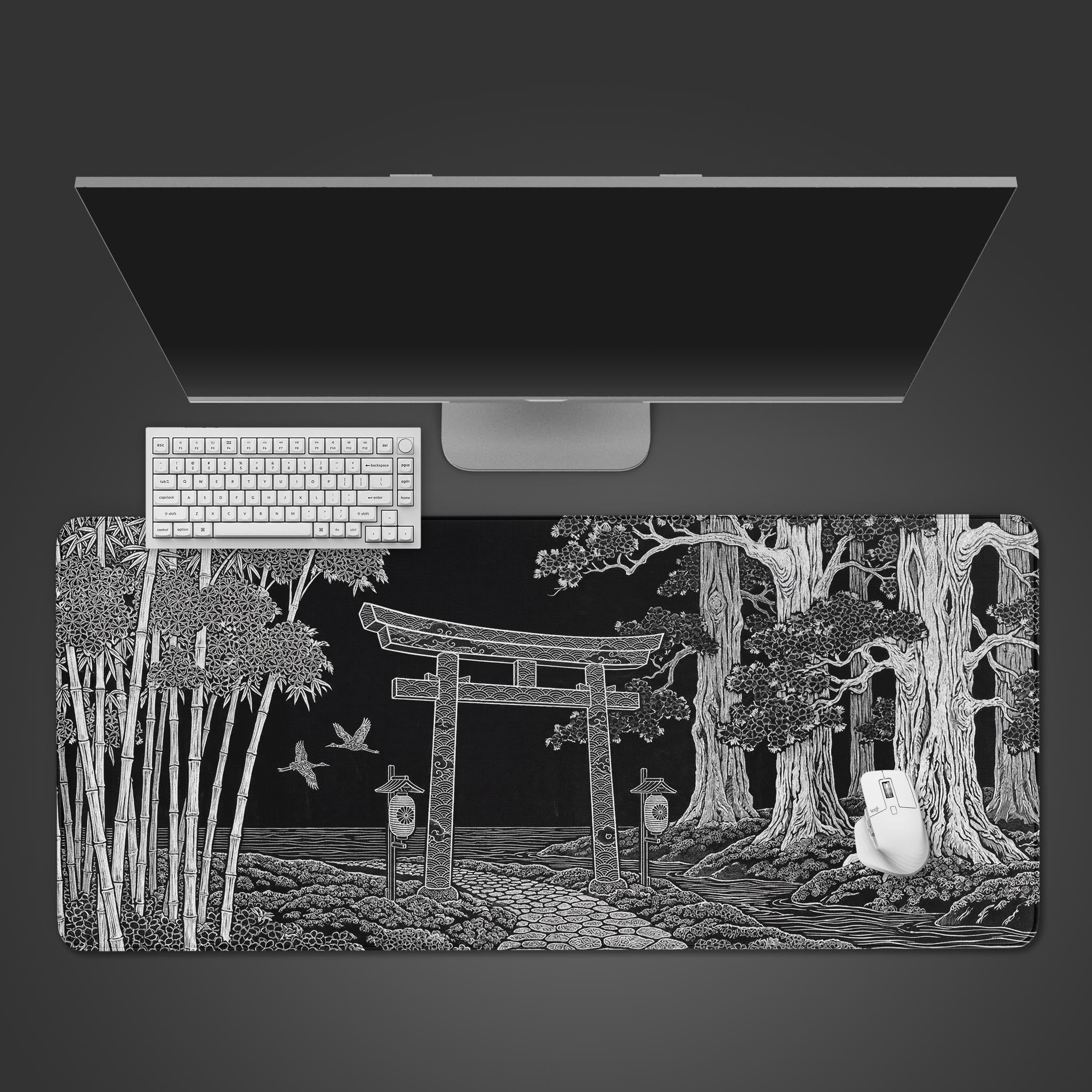 The Ancient Threshold gaming desk mat in a top-down view, featuring a Japanese Torii gate design with a white keyboard and mouse on a dark background. - Epic Design Pads & Mousepads