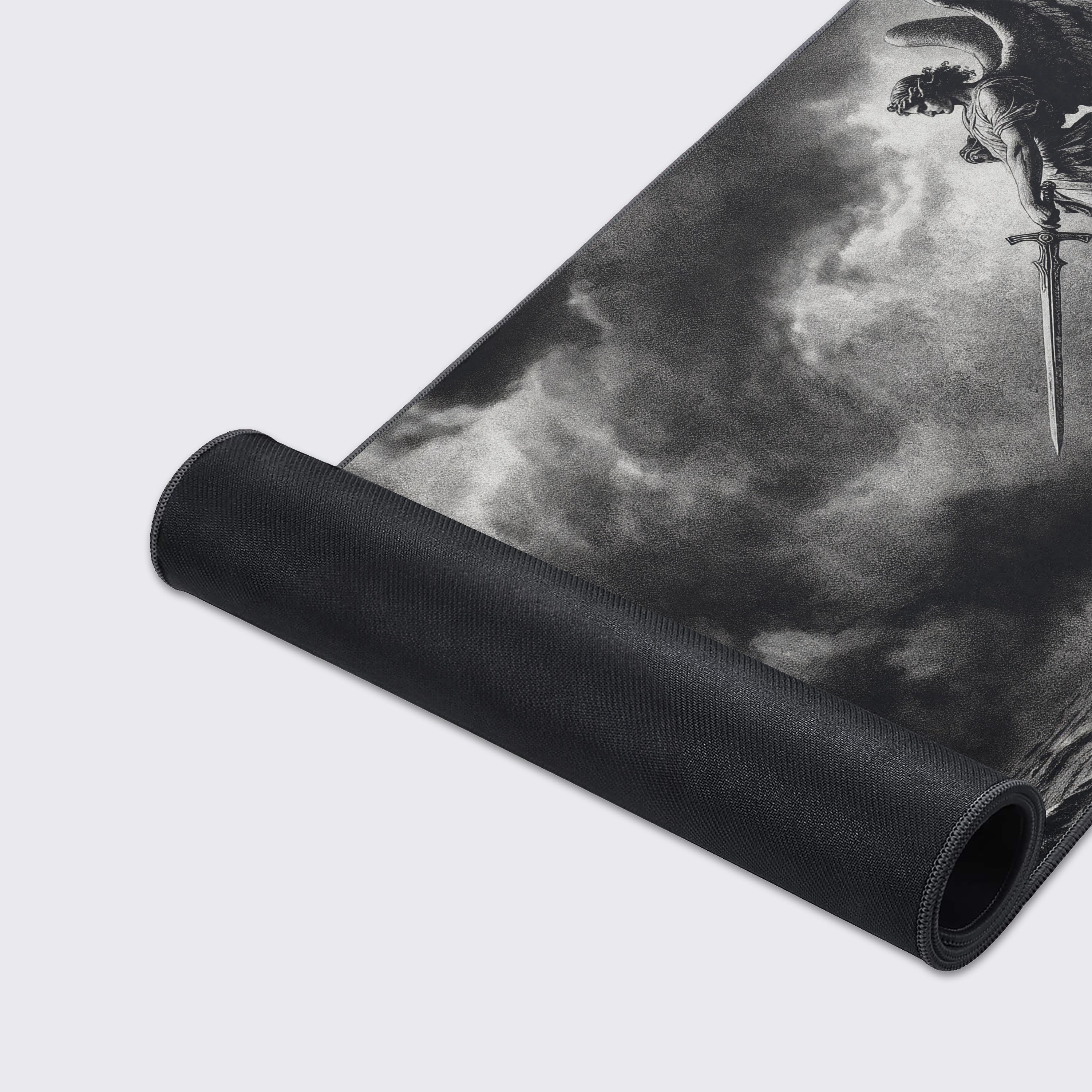 View of the dramatic stormy clouds and turbulent ocean waves surrounding the cliff in the desk pad design.