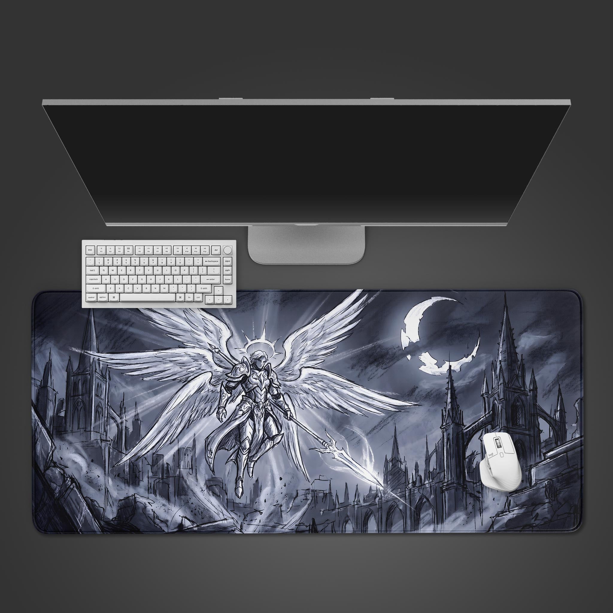 A striking dark fantasy desk mat featuring a celestial warrior angel floating above a gothic cathedral city under a crescent moon.