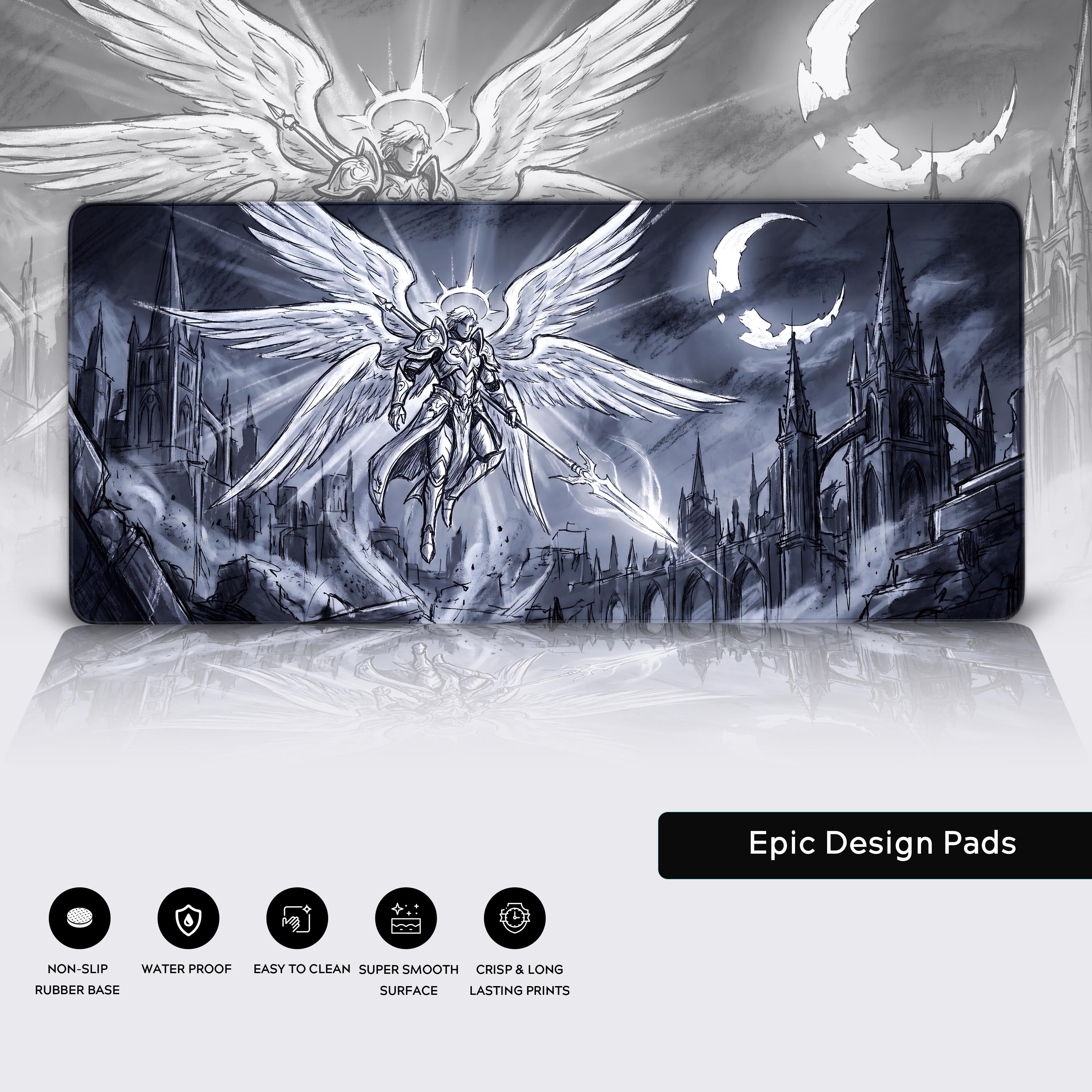 A sleek gaming setup enhanced by a large, monochromatic grey and blue dark fantasy desk mat with an epic angel design.