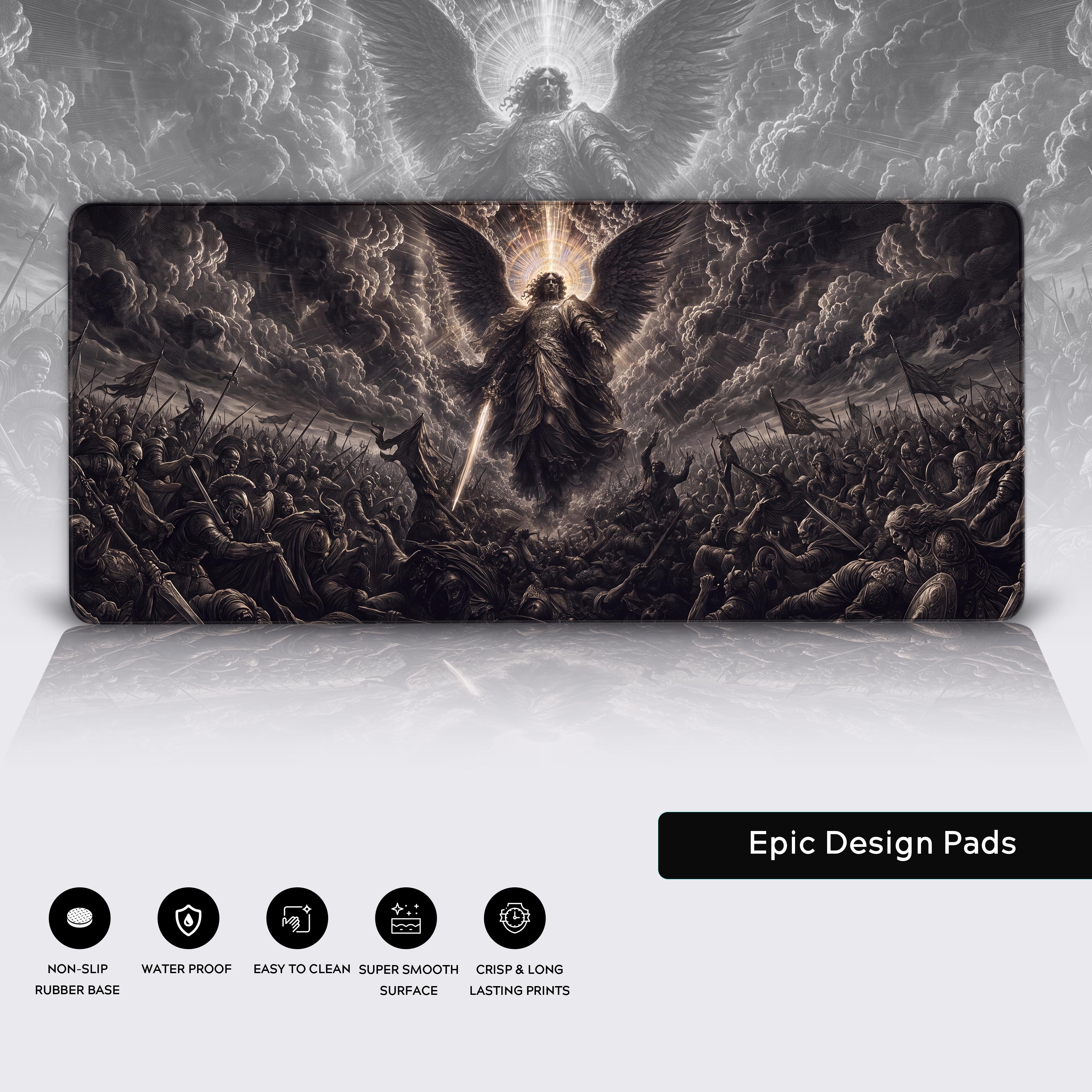 Full view of the desk mat showcasing its classical monochrome art style and striking contrast.