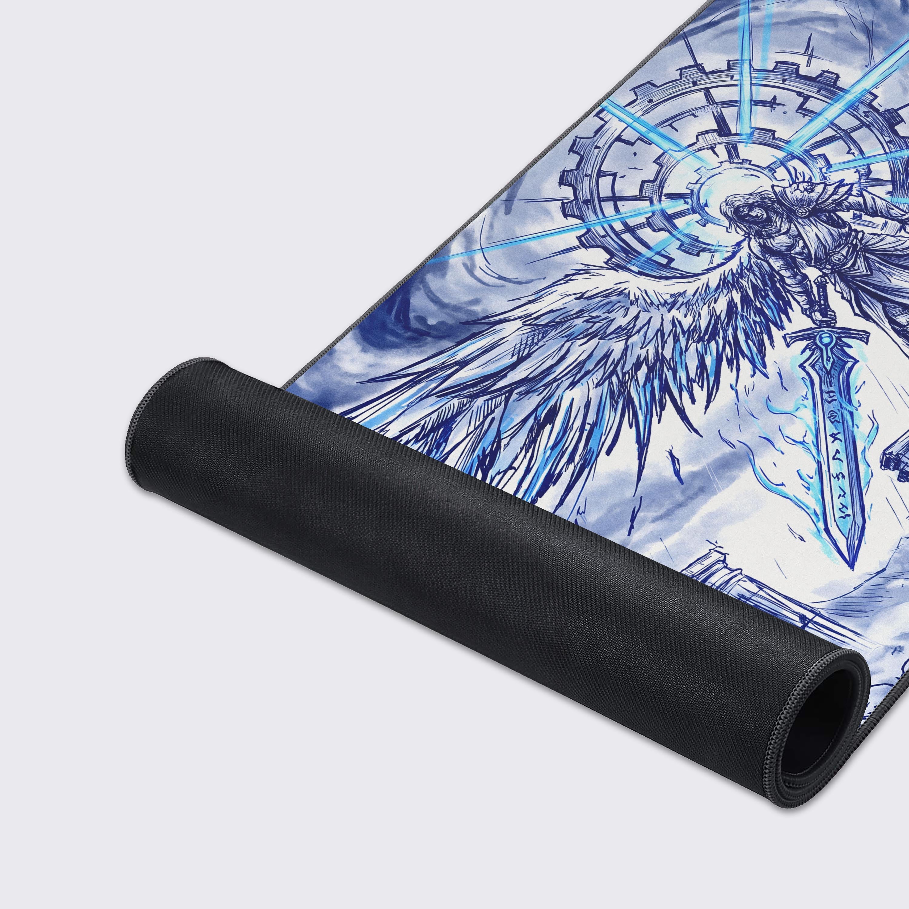 Premium gaming mouse pad with waterproof, non-slip, and smooth surface icons below the blue angel design