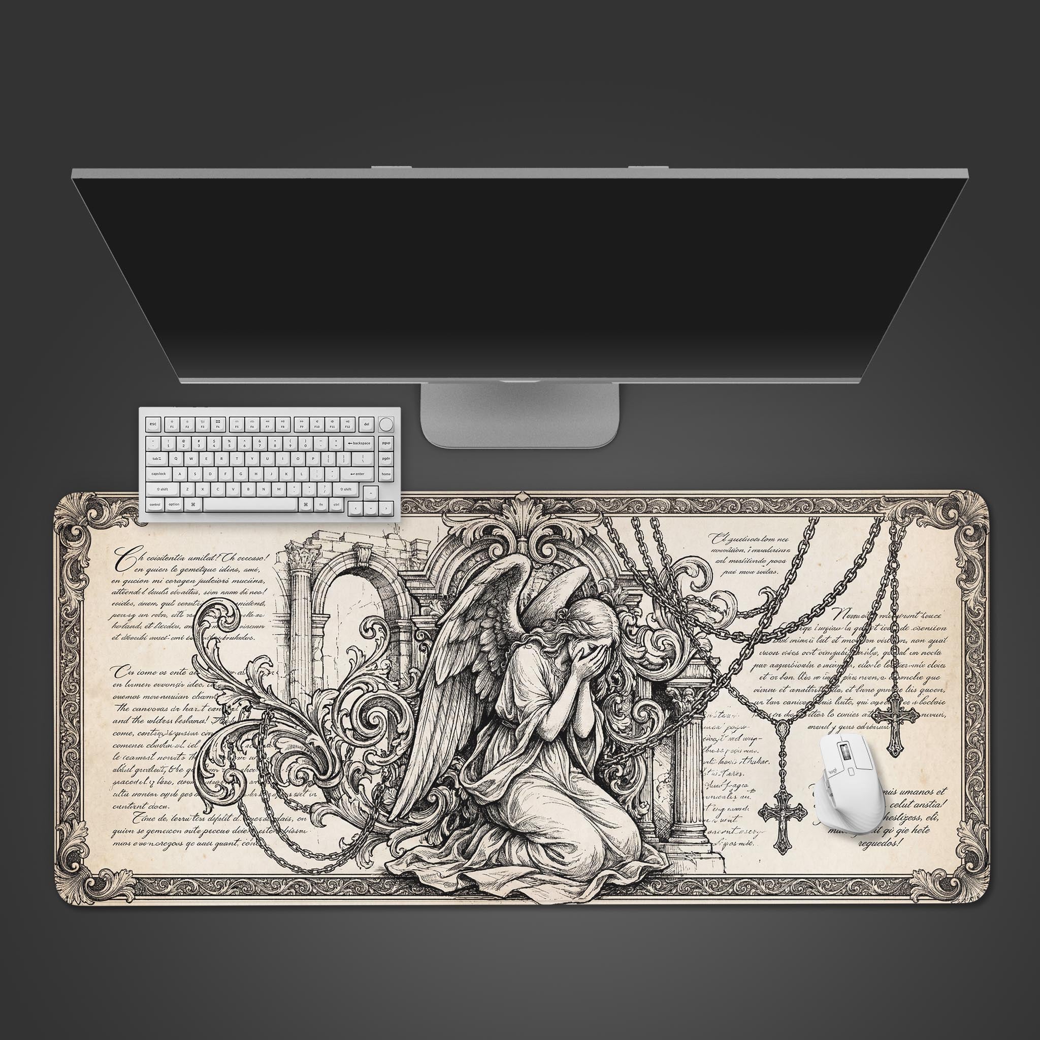 The Angelic Sorrow gaming desk mat on a dark surface with a white keyboard and mouse, showcasing the gothic weeping angel design from a top-down perspective. - Epic Design Pads & Mousepads