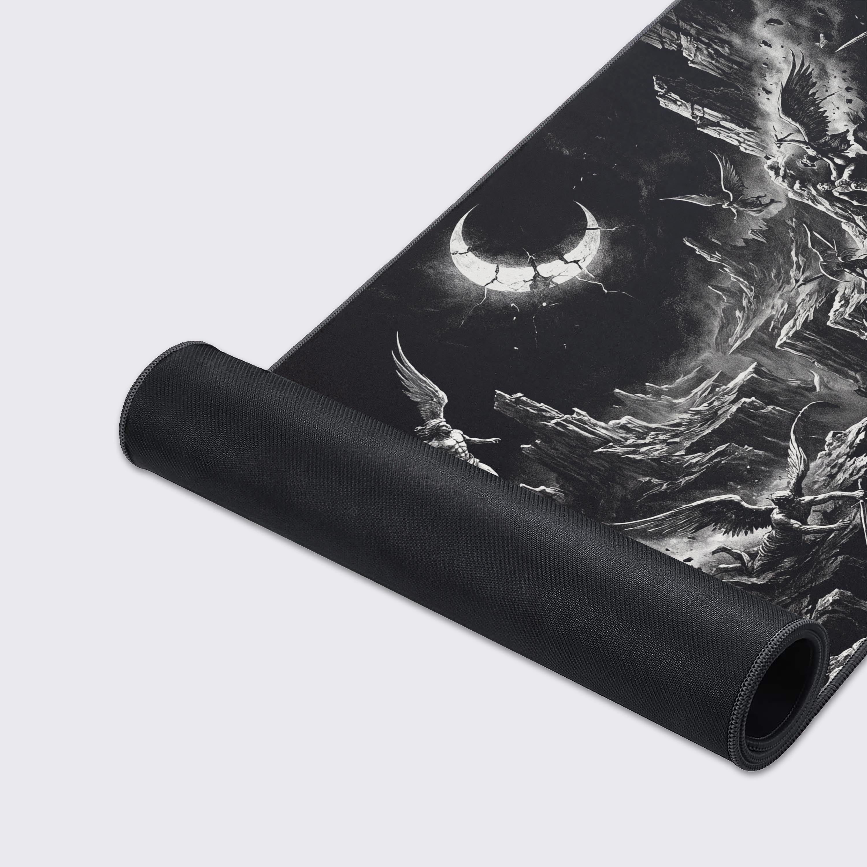 The desk mat displayed flat, showcasing its dark gothic aesthetic and greyscale celestial art