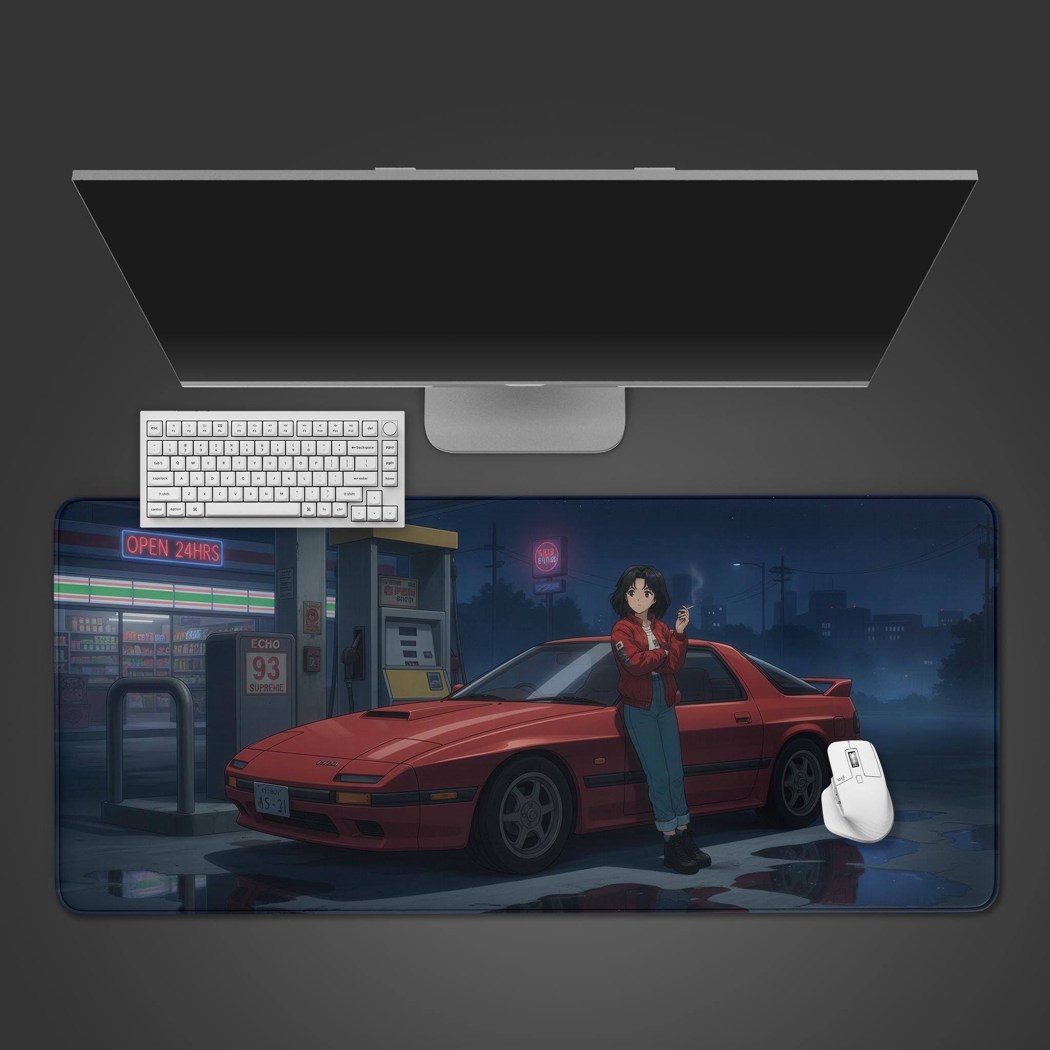 anime gaming desk mat with red sports car and female character at night gas station - Epic Design Pads & Mousepads