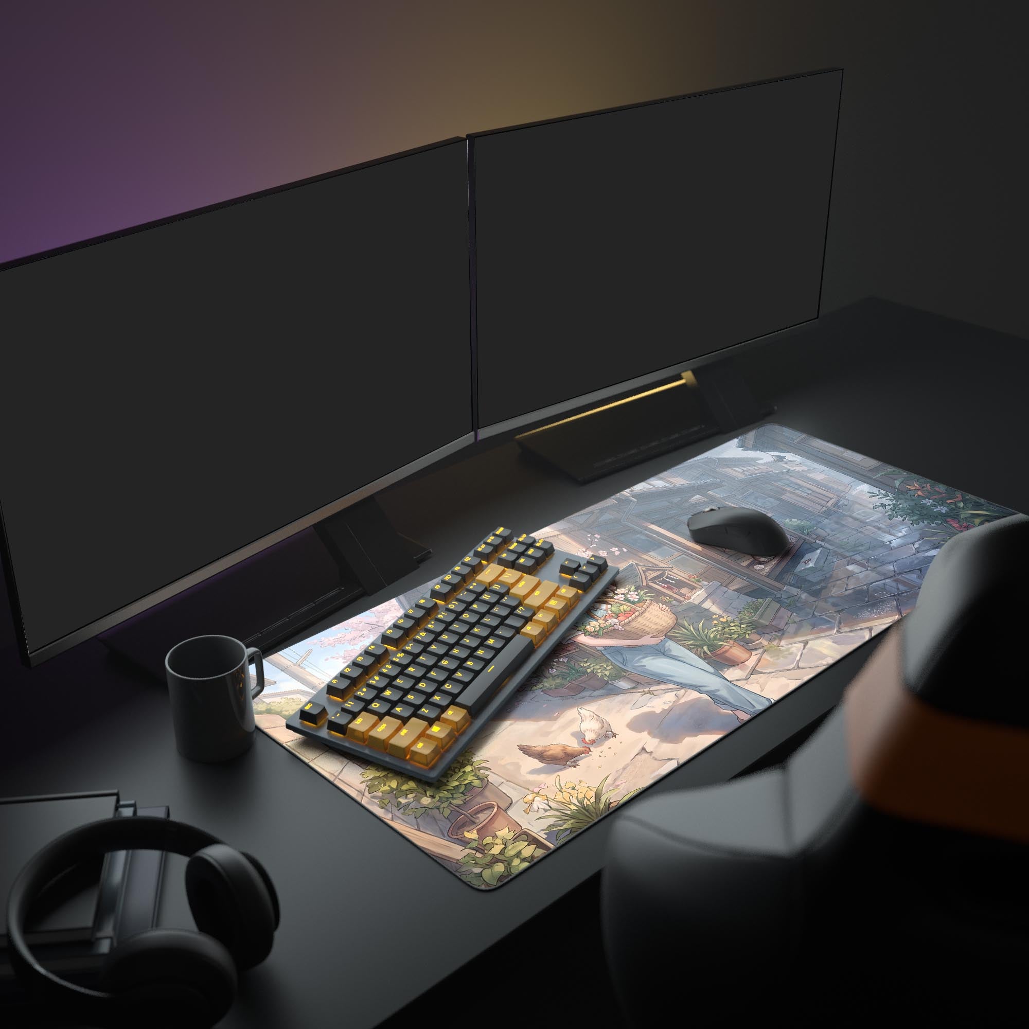 Close-up of the desk mat artwork showing traditional wooden houses, a small shrine, and chickens pecking near reflective puddles