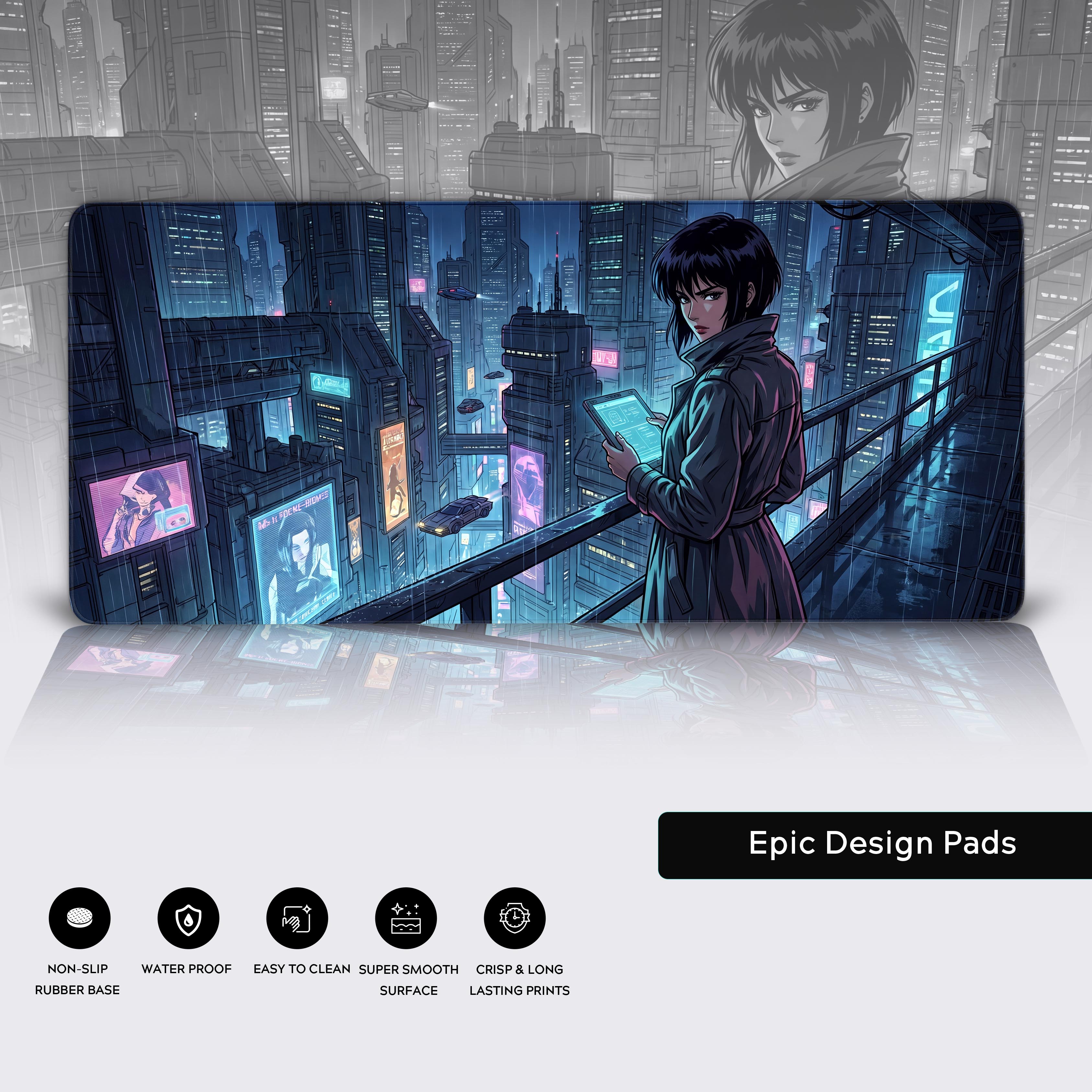 Icons showcasing the non-slip rubber base and easy-to-clean features of the cyberpunk desk pad