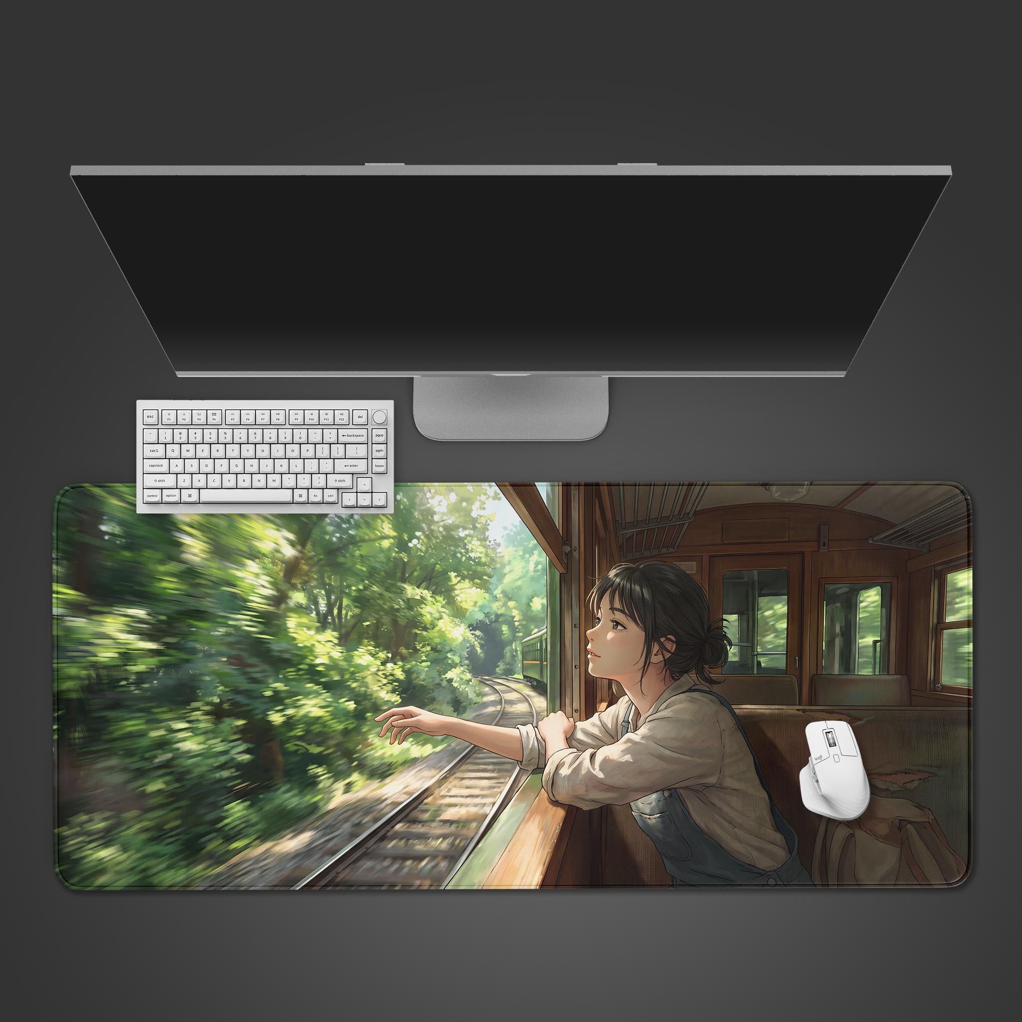 An anime style desk mat showing a girl looking out a vintage train window at a lush green forest.