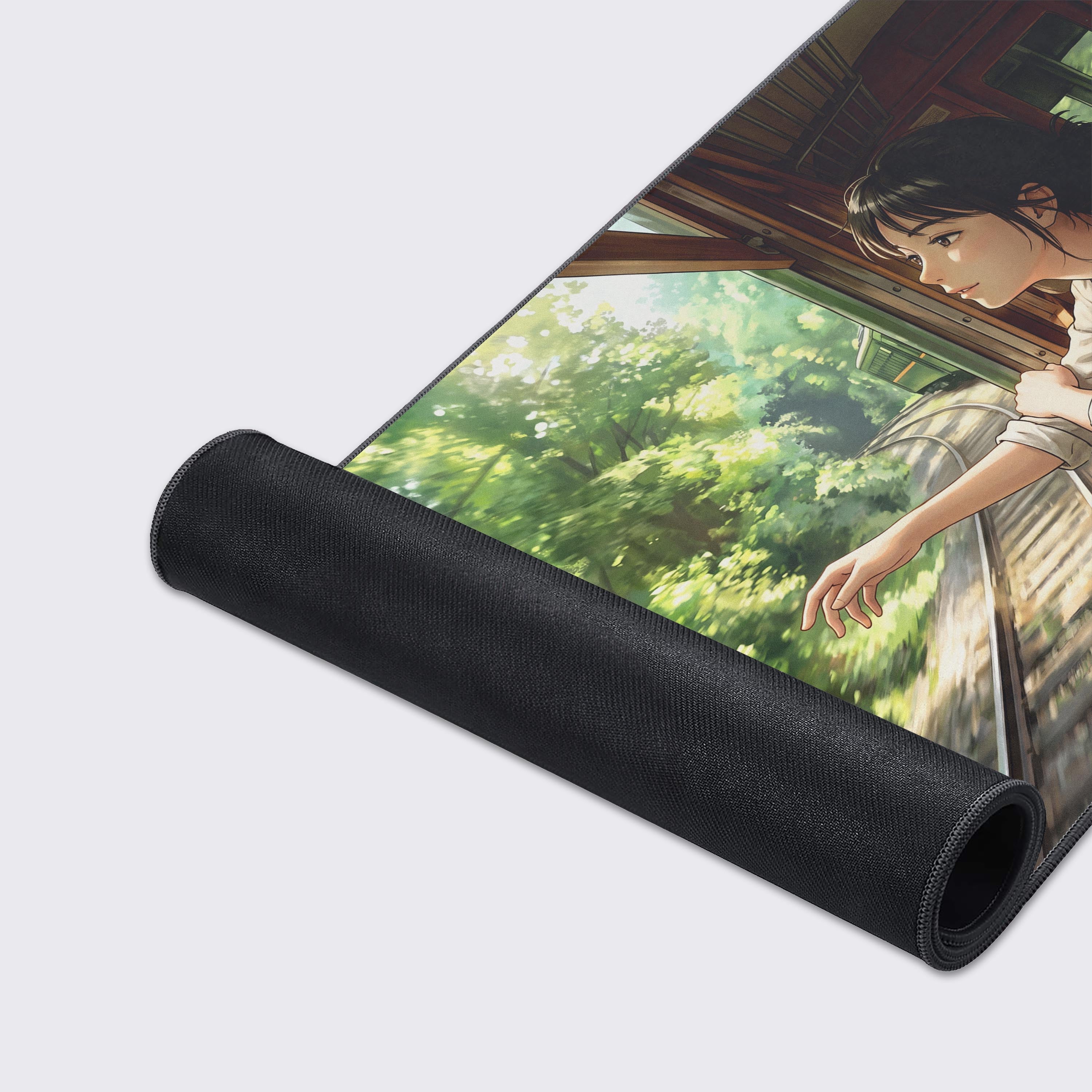 A desk mat showcasing a nostalgic lo-fi train journey through vibrant green trees.