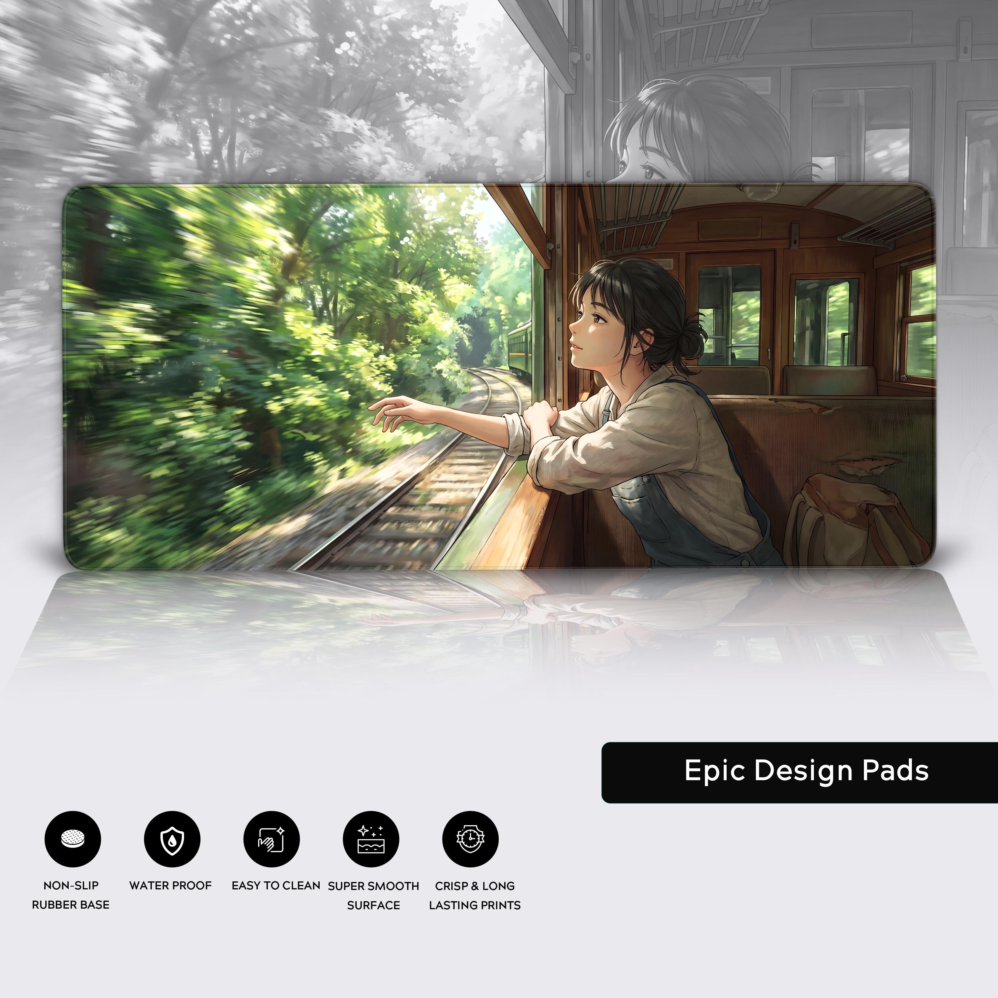 Epic Design Pads product view of an anime girl train scene desk mat with feature icons.