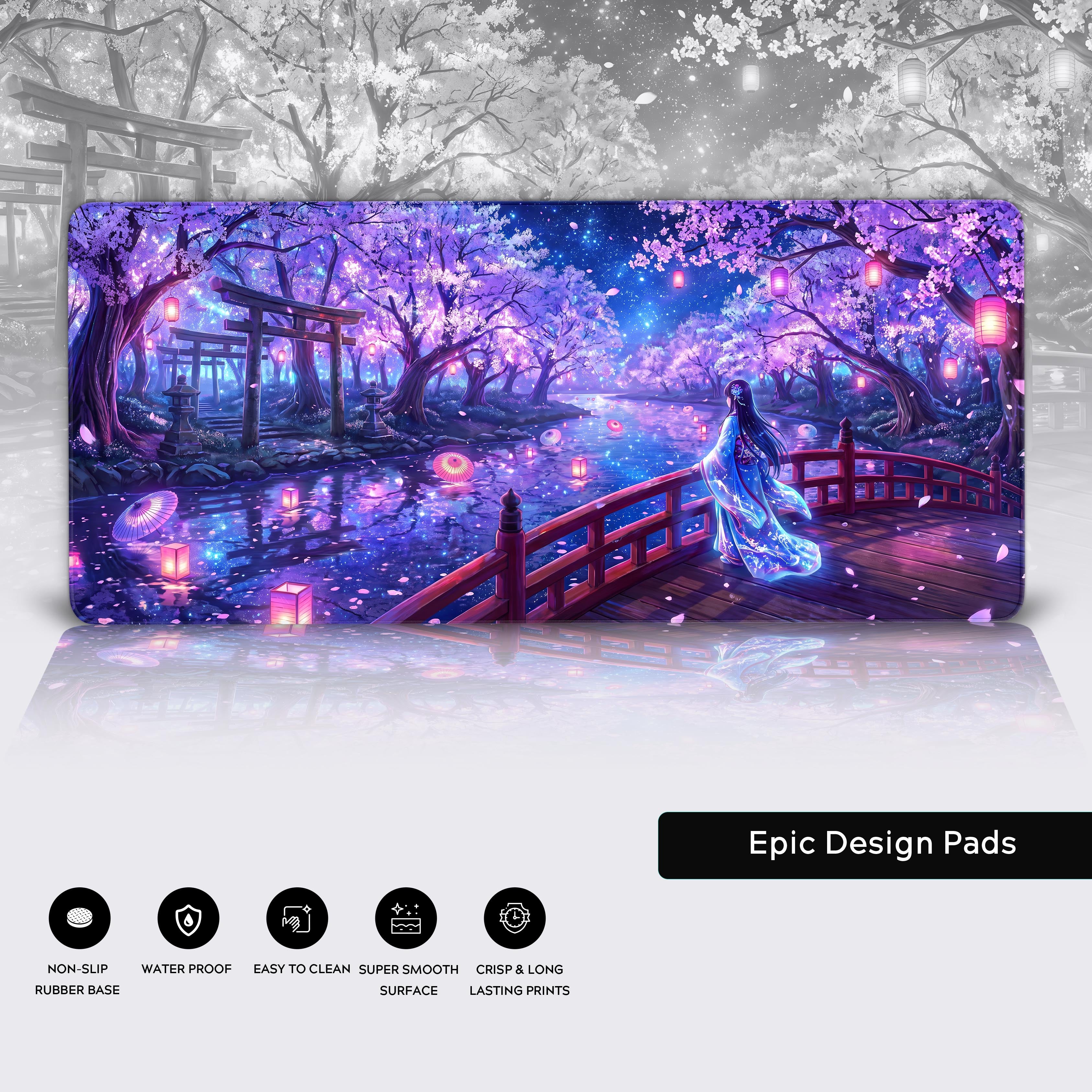 Wide view of a Japanese fantasy landscape mouse pad featuring Torii gates, starry night sky, and ethereal glowing lanterns
