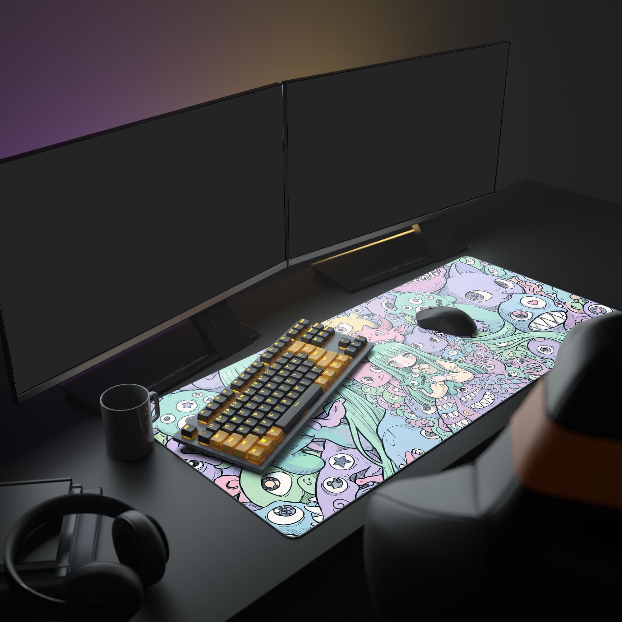 Close-up of the smooth tracking surface of the pastel monster kawaii desk mat, highlighting crisp art details.