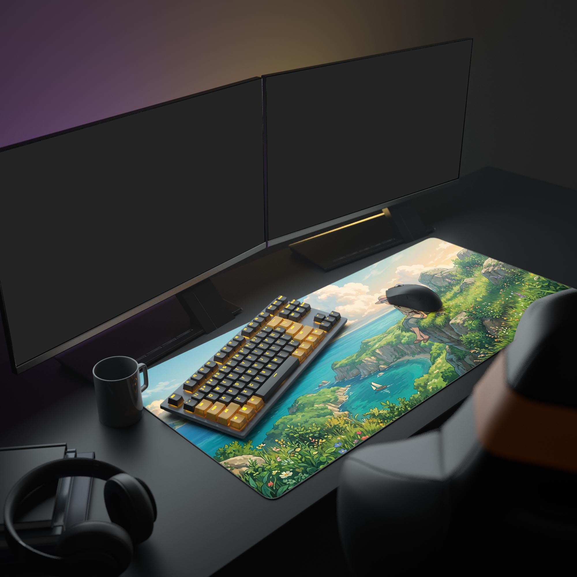 Anime style summer landscape mouse pad with sailboat and fluffy clouds