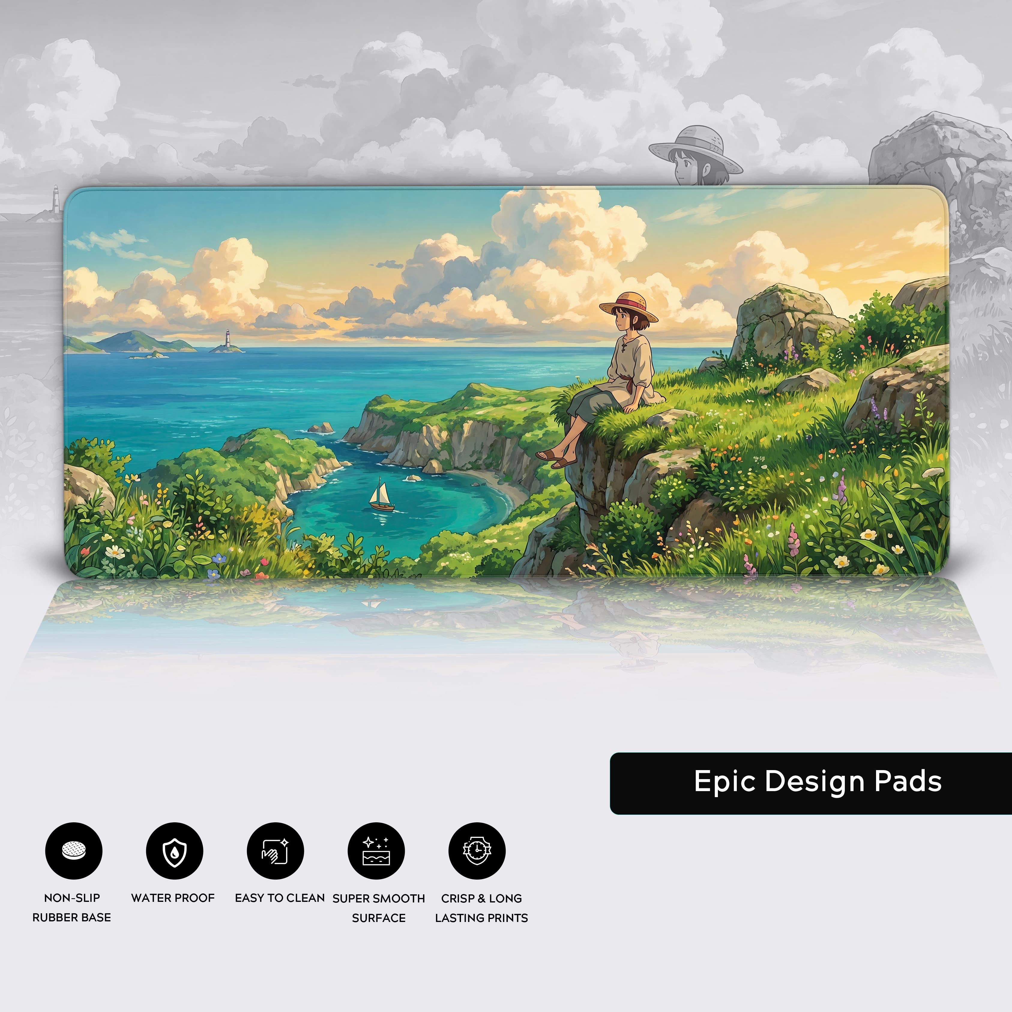 Product features showing non-slip rubber base, waterproof, easy to clean, and super smooth surface icons