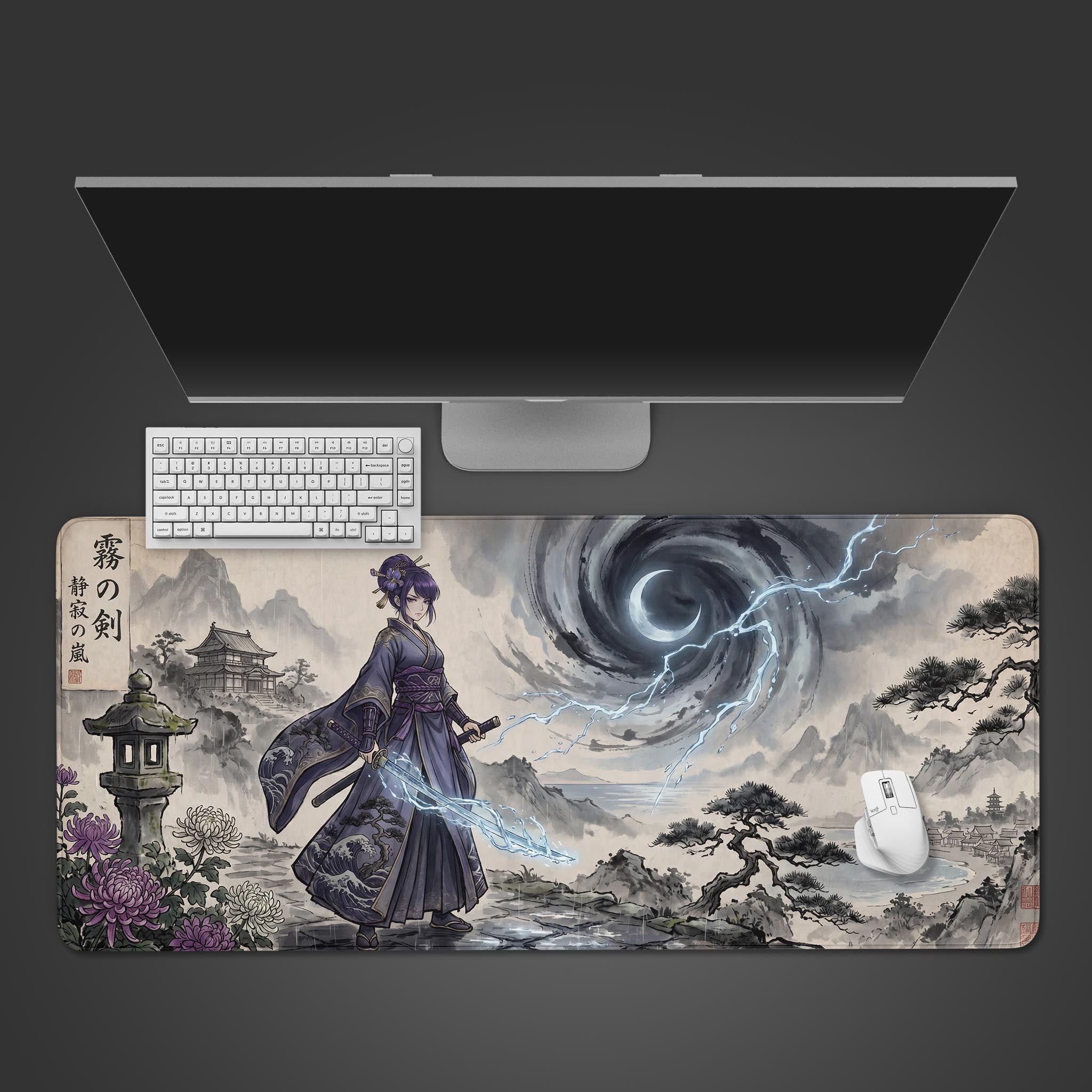Large desk mat featuring an anime female samurai holding a glowing lightning sword against an ink wash storm background