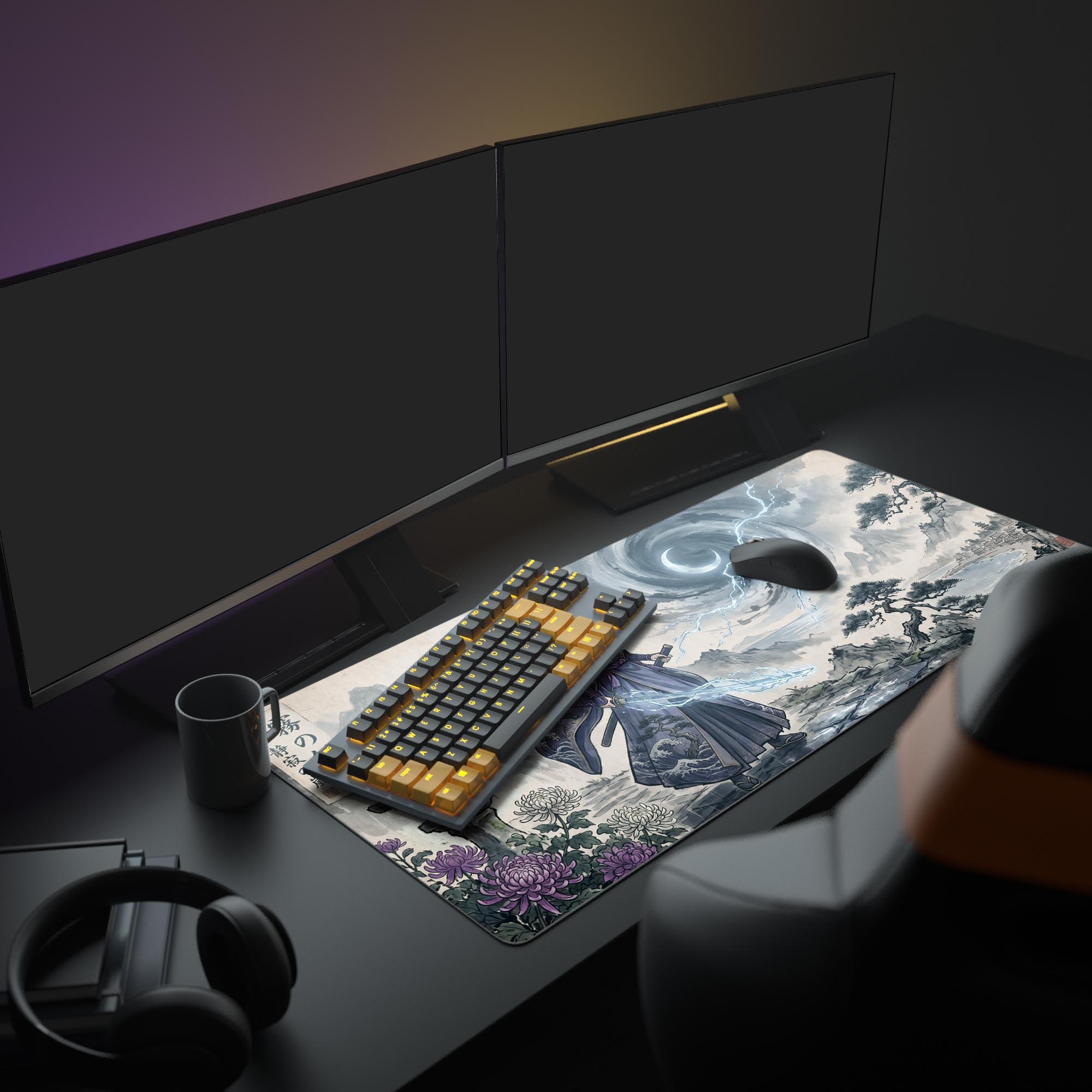 Close-up of the anime swordswoman and her crackling blue katana on the smooth mouse pad surface