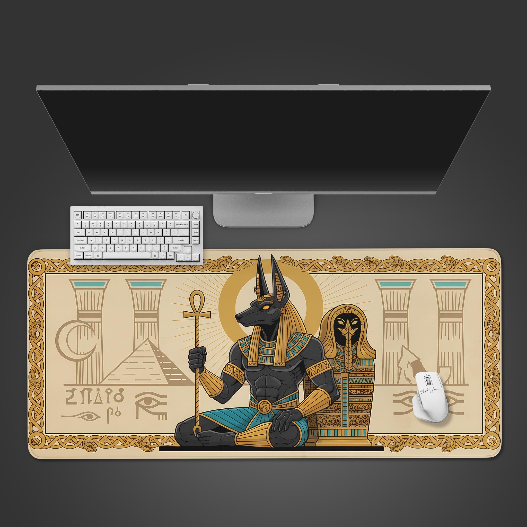 Wild Beauty tiger desk mat with rose design, shown from a top-down view with a white keyboard and mouse, creating an aesthetic desk setup. - Epic Design Pads & Mousepads