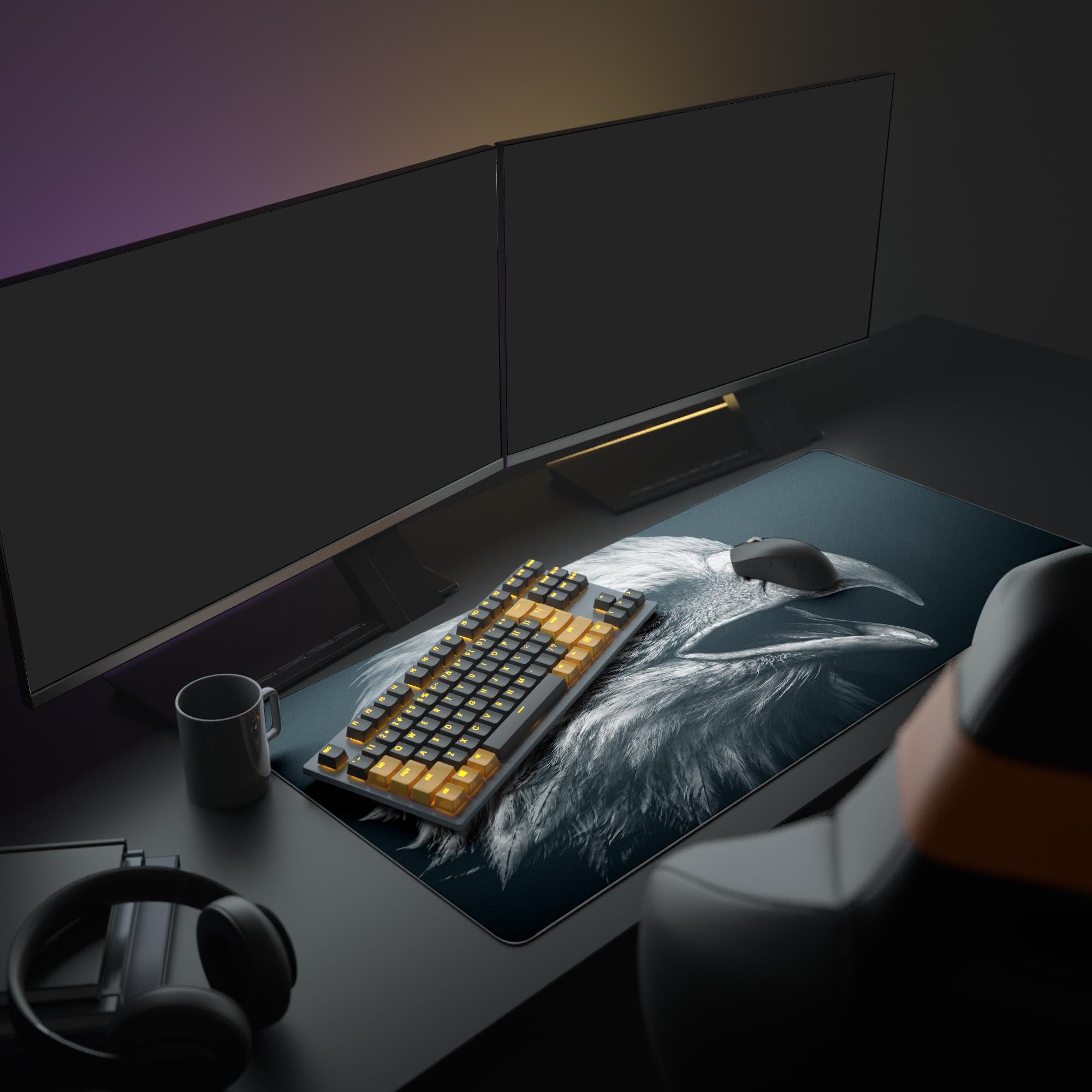 A modern gaming setup featuring the black and white eagle eye Mouse Pad, complementing a clean desk with multiple monitors and glowing peripherals. - Epic Design Pads & Mousepads