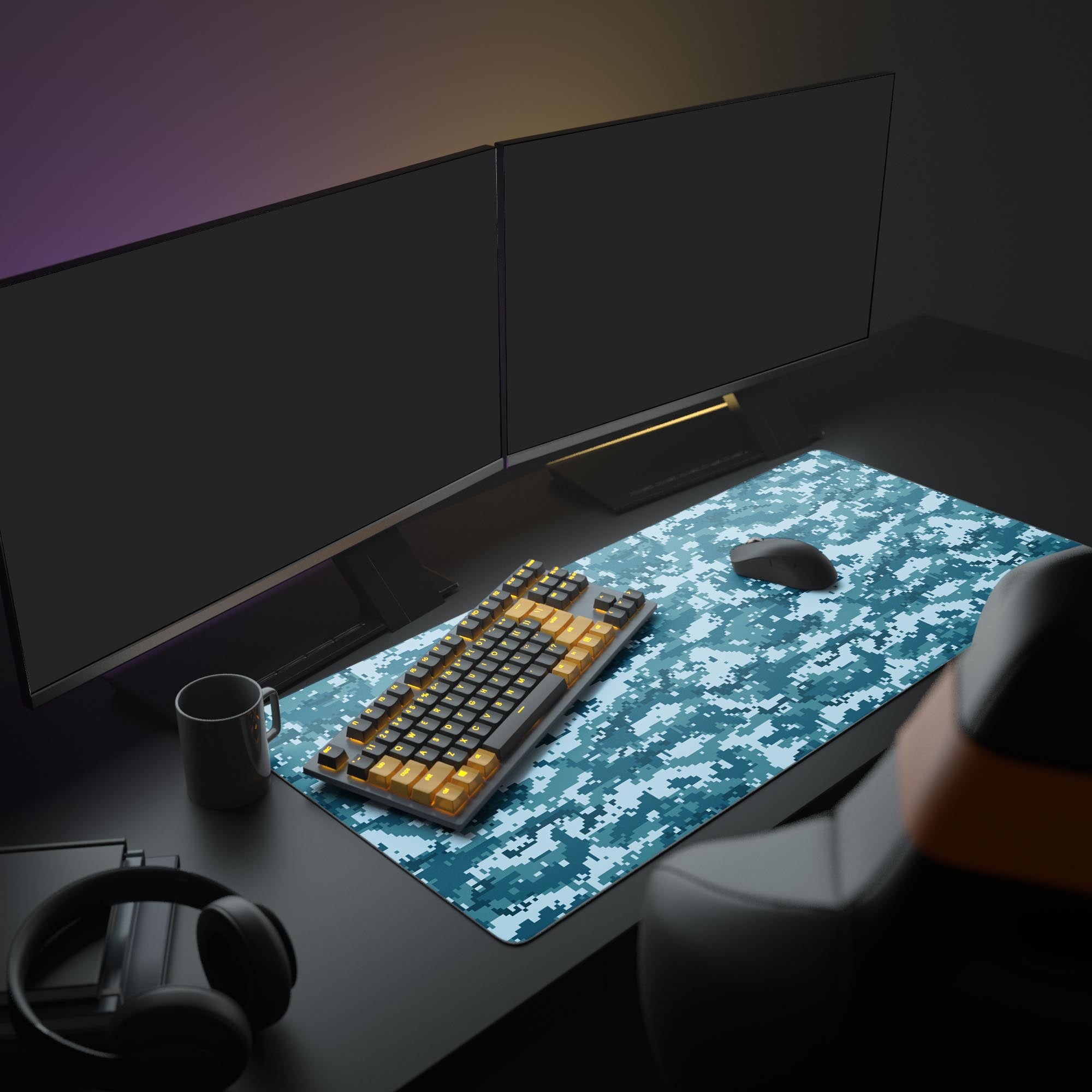 Large Aqua Pixel Camo extended mouse pad displayed in a modern gaming setup with dual monitors, mechanical keyboard, and headphones. - Epic Design Pads