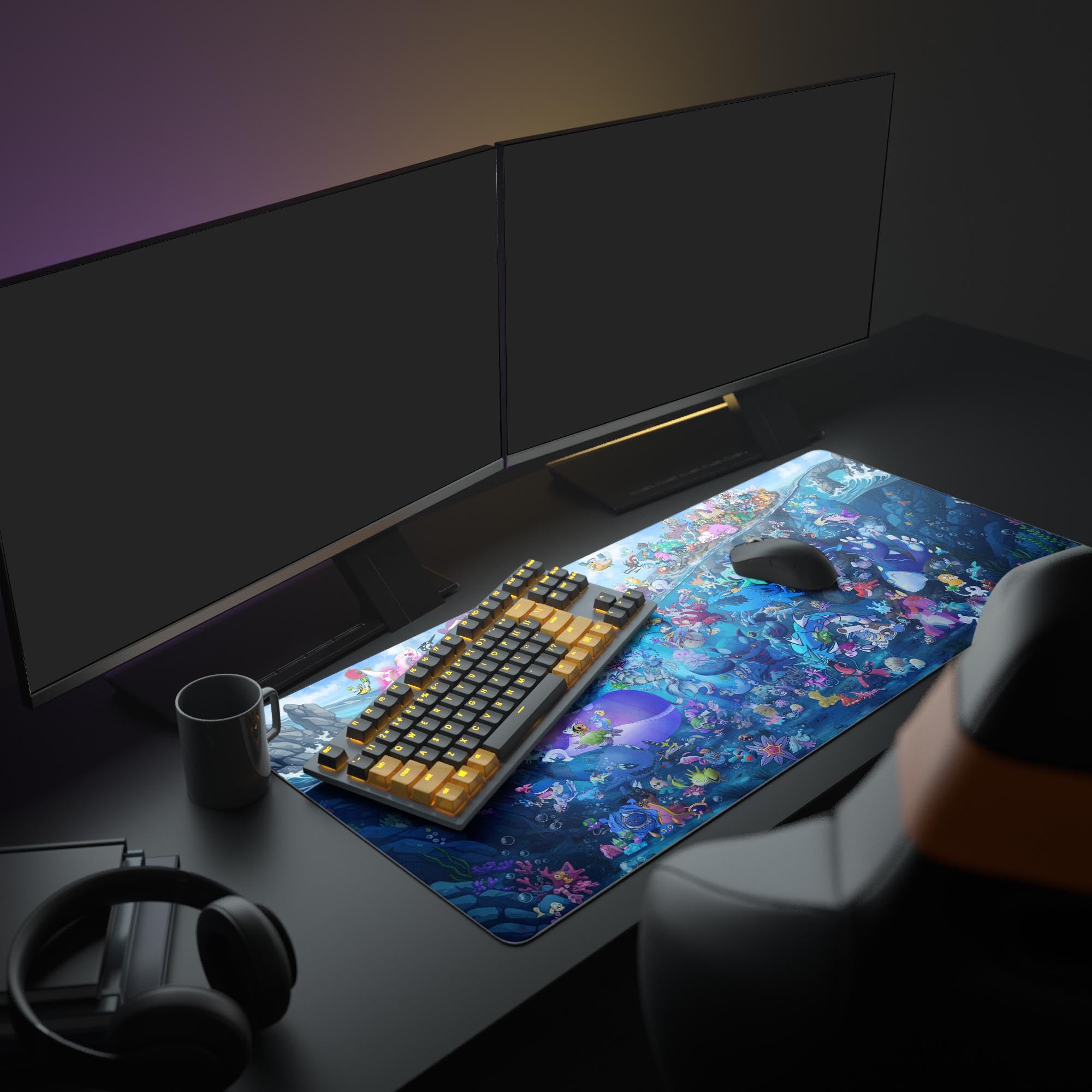 Large Aqua Region gaming desk mat displayed in a full gaming setup, featuring dual monitors, RGB lighting, and headphones. - Epic Design Pads