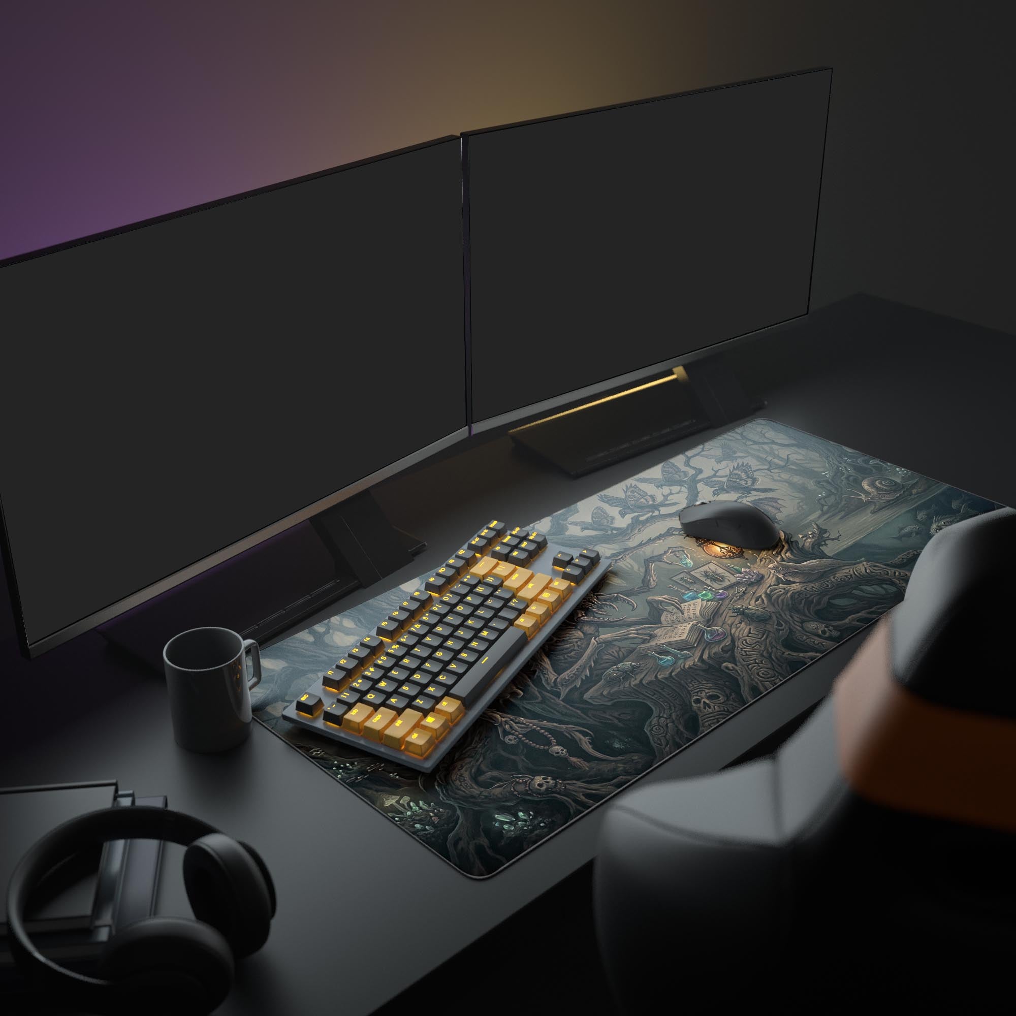 A full gaming setup featuring the Arachnid Scholar XL mouse pad, with a glowing keyboard and multiple monitors creating a dark academia aesthetic. - Epic Design Pads & Mousepads