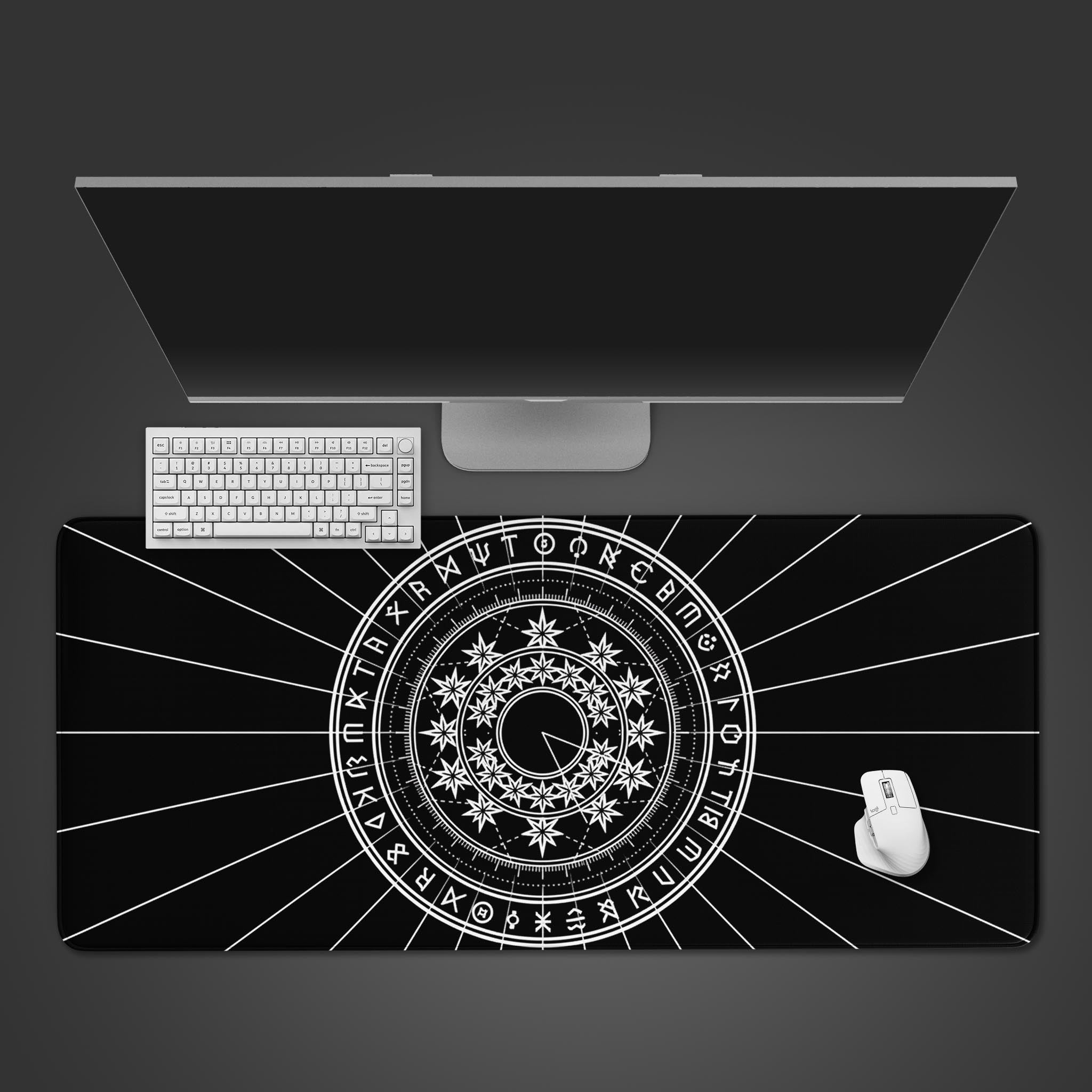 Arcane Circle desk mat featuring Norse runes and celestial geometry – desktop view with keyboard and mouse. - Epic Design Pads