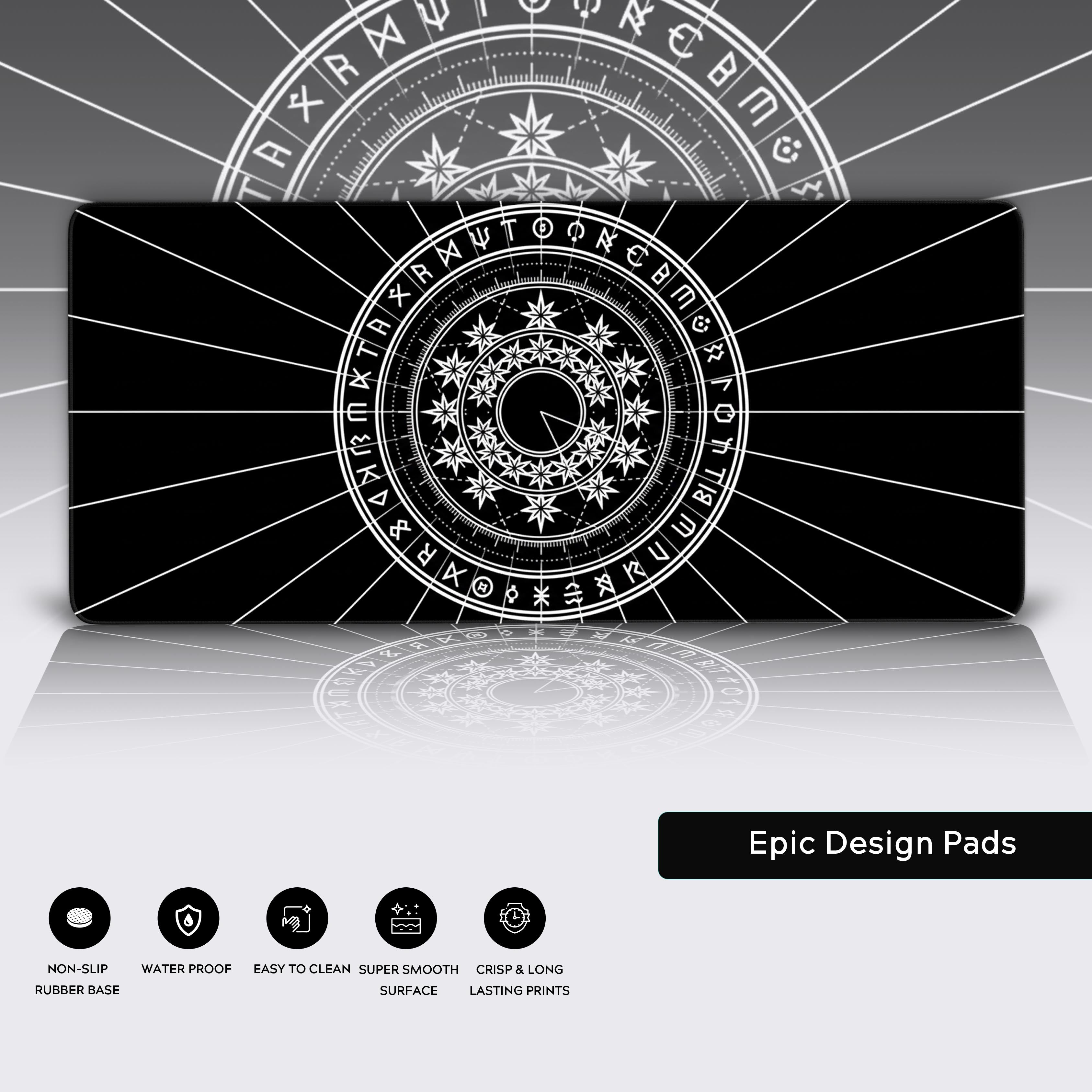Arcane Circle desk mat with intricate cosmic design – features high-contrast aesthetics and non-slip base. - Epic Design Pads